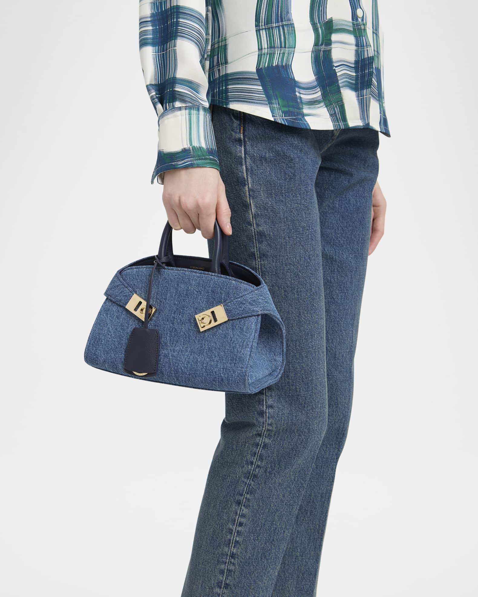 Ferragamo Hug Washed Denim Top-Handle Bag | Neiman Marcus