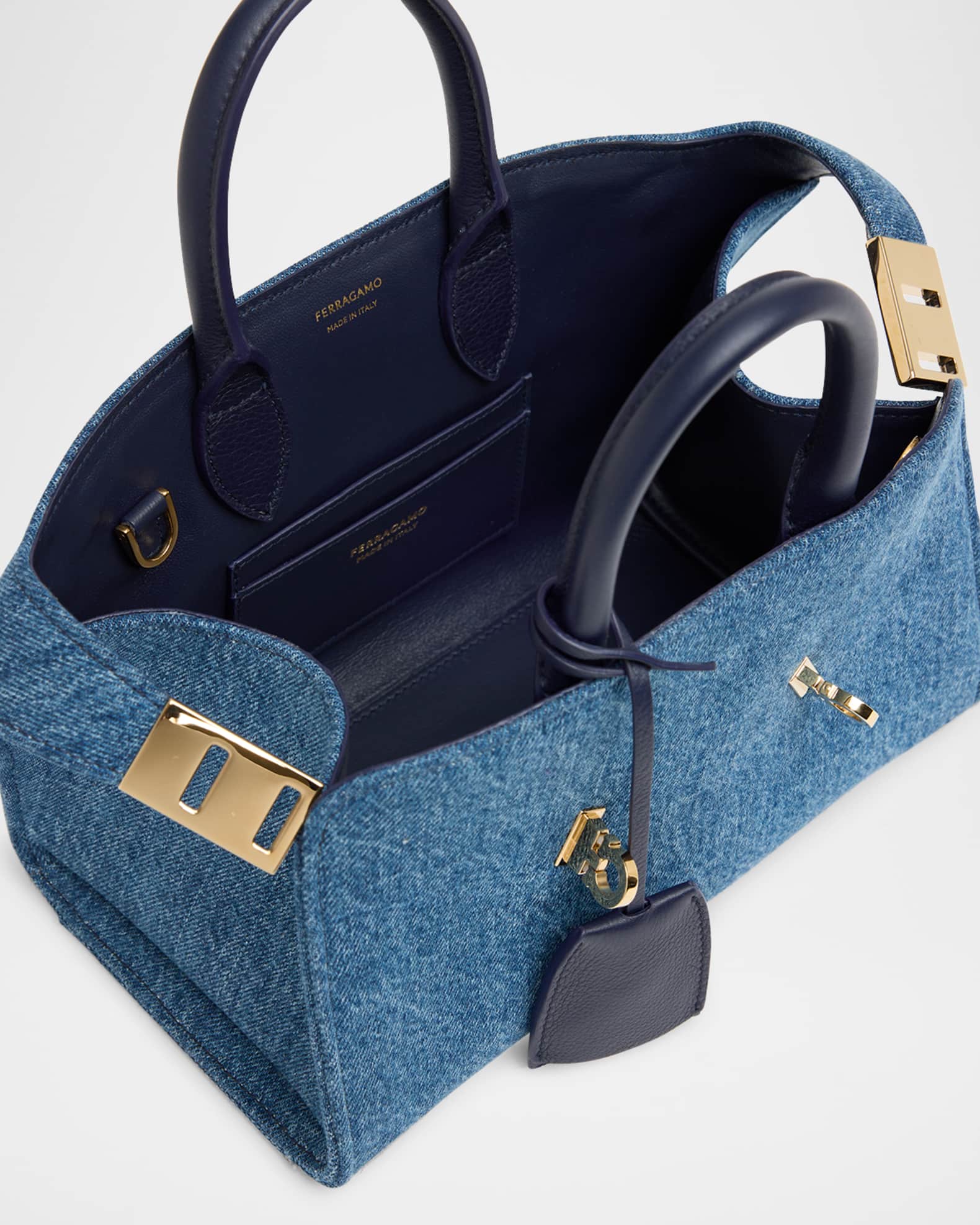 Ferragamo Hug Washed Denim Top-Handle Bag | Neiman Marcus