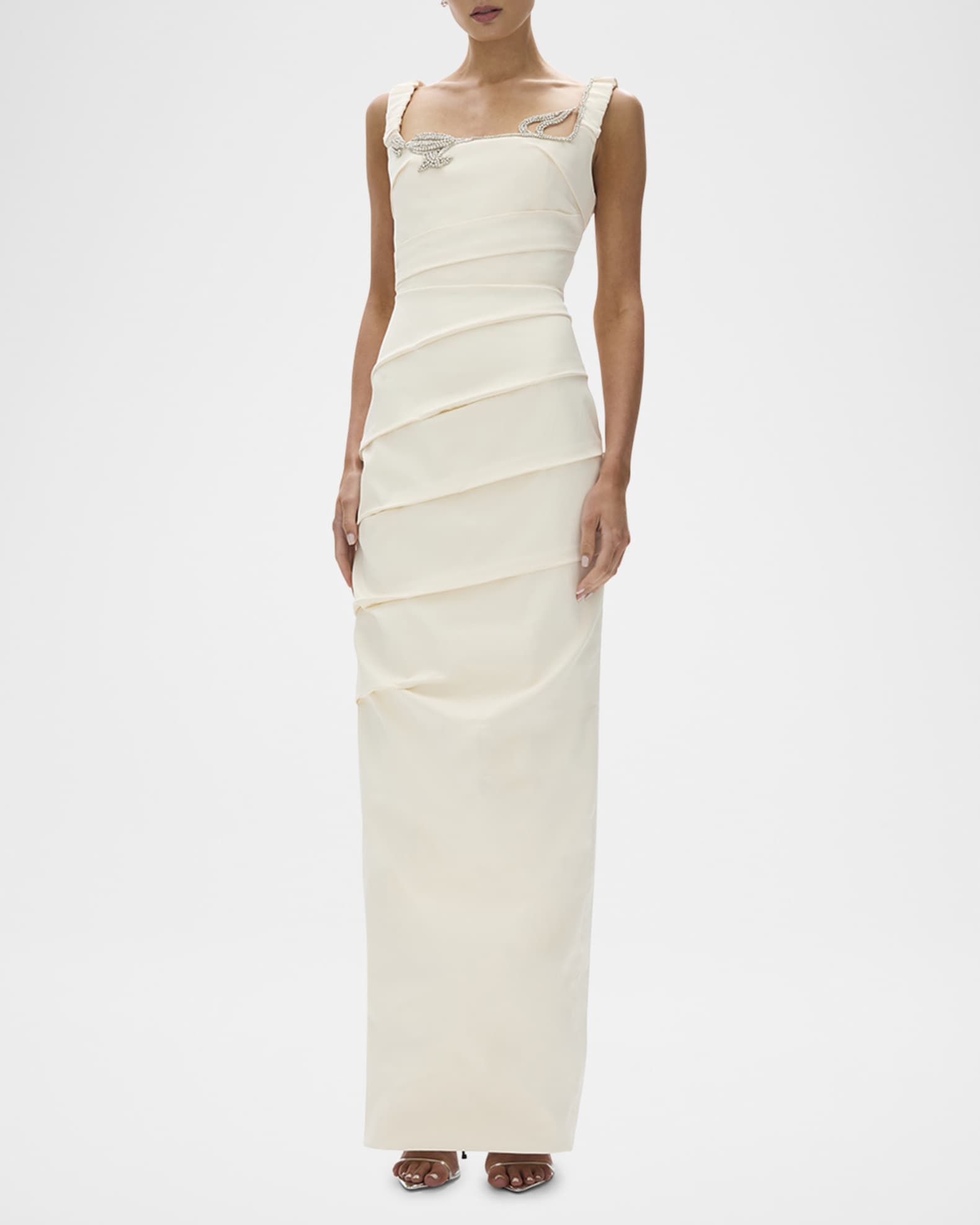 Rhodes Crystal Square-Neck Pleated Column Gown 1