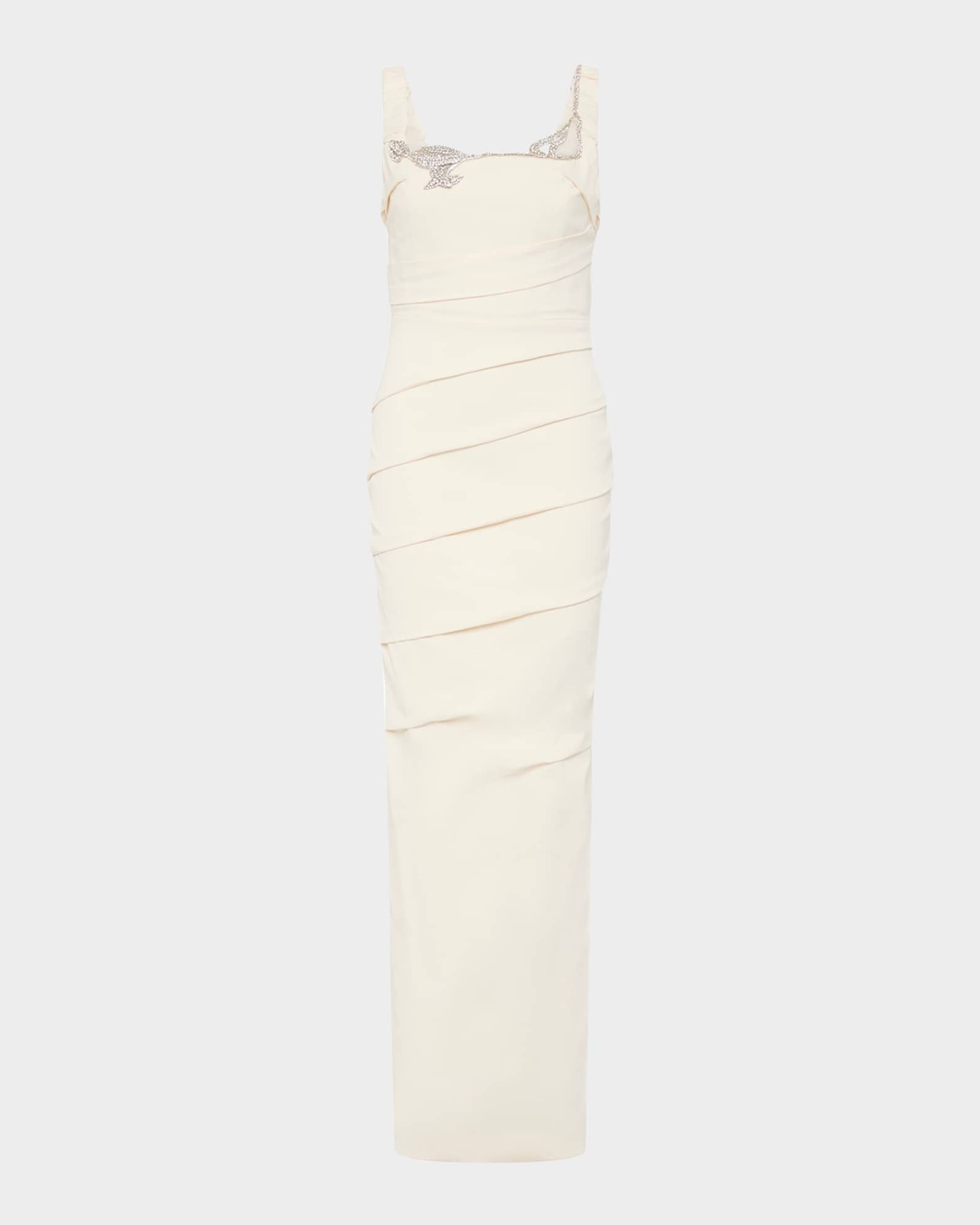 Rhodes Crystal Square-Neck Pleated Column Gown 0