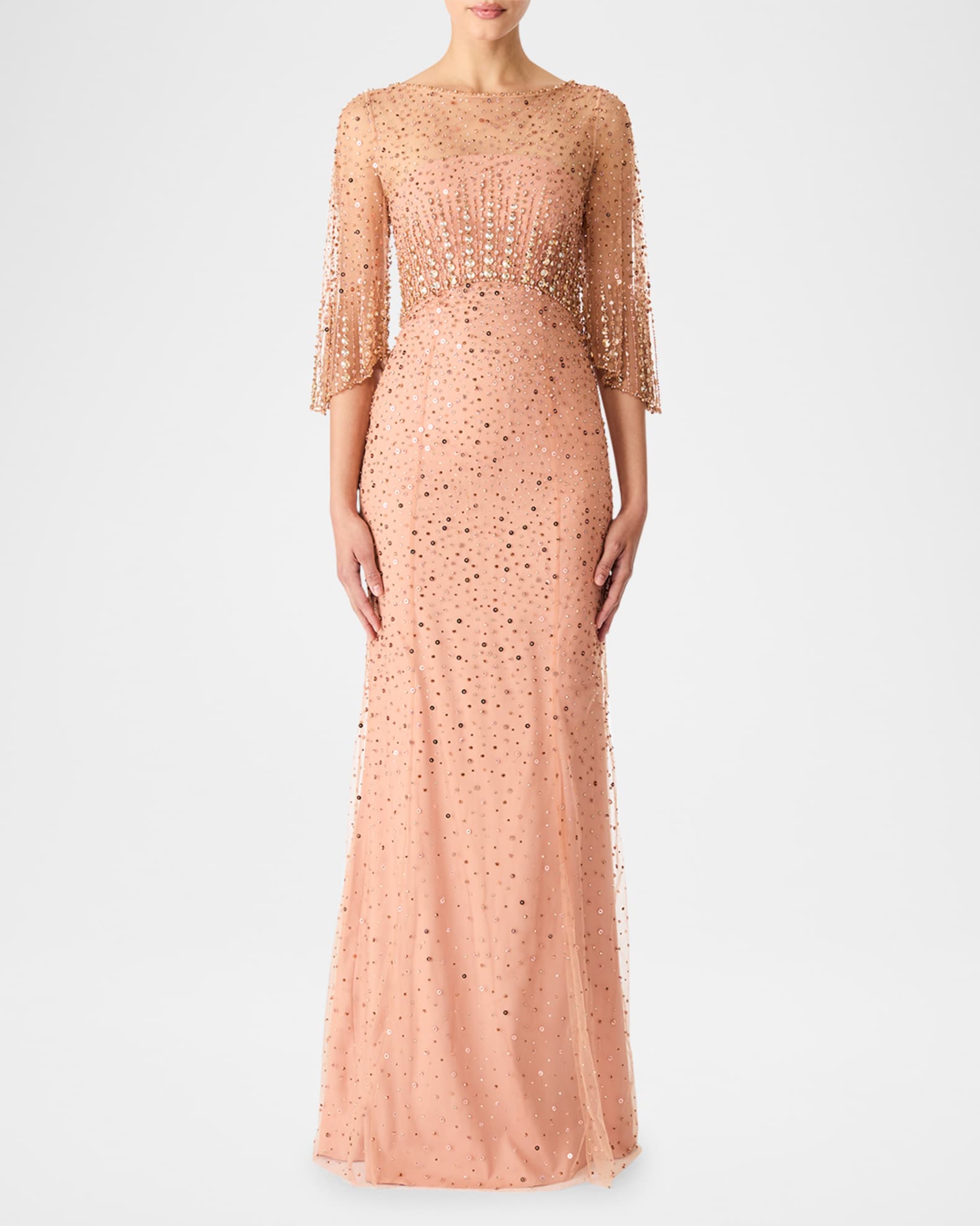 Kiya Embellished Elbow-Sleeve Illusion Gown