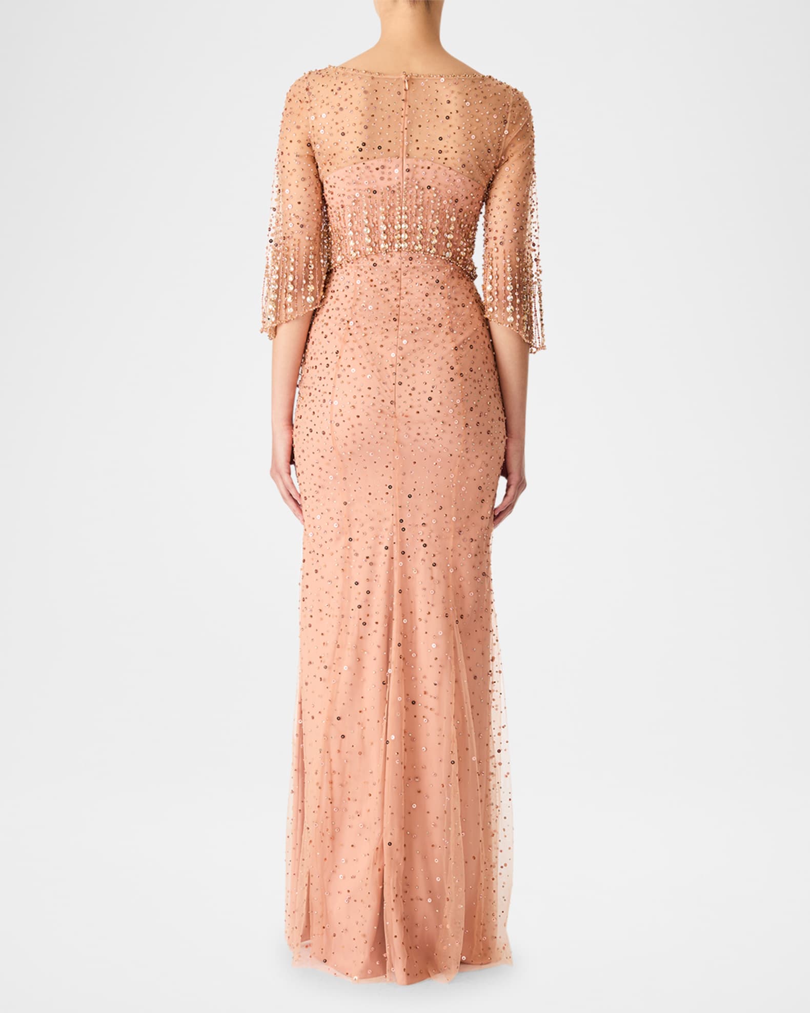 Kiya Embellished Elbow-Sleeve Illusion Gown