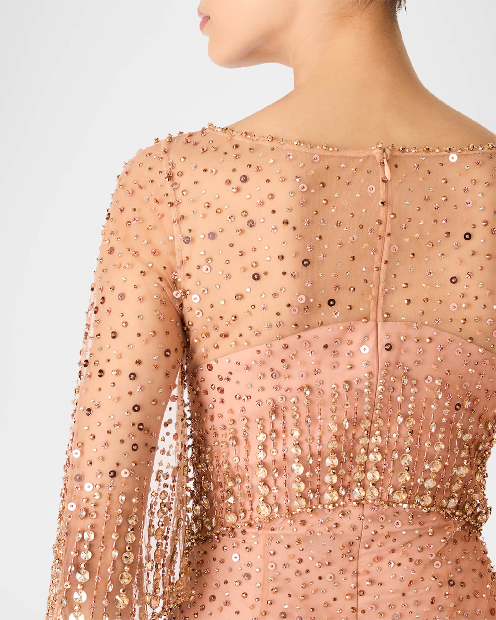 Kiya Embellished Elbow-Sleeve Illusion Gown