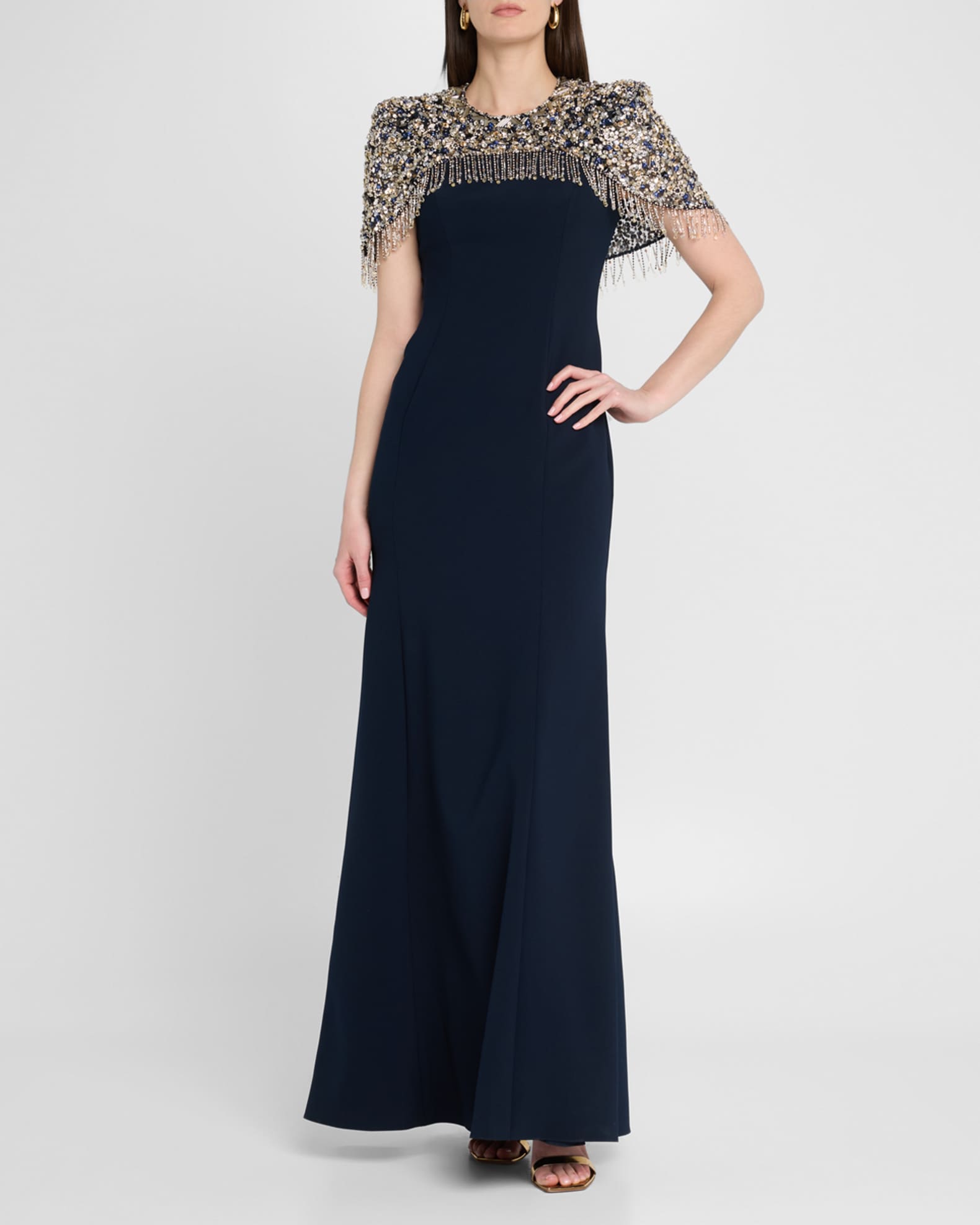 Rana Embellished Cape Trumpet Gown 1