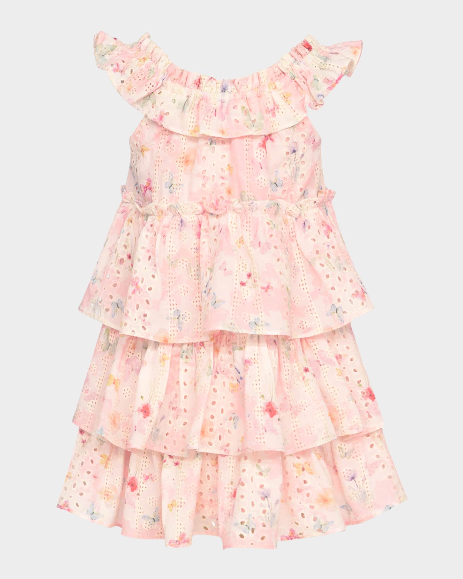 Girl's Floral-Print Eyelet Lace Trim Dress, Size 2T-10 1