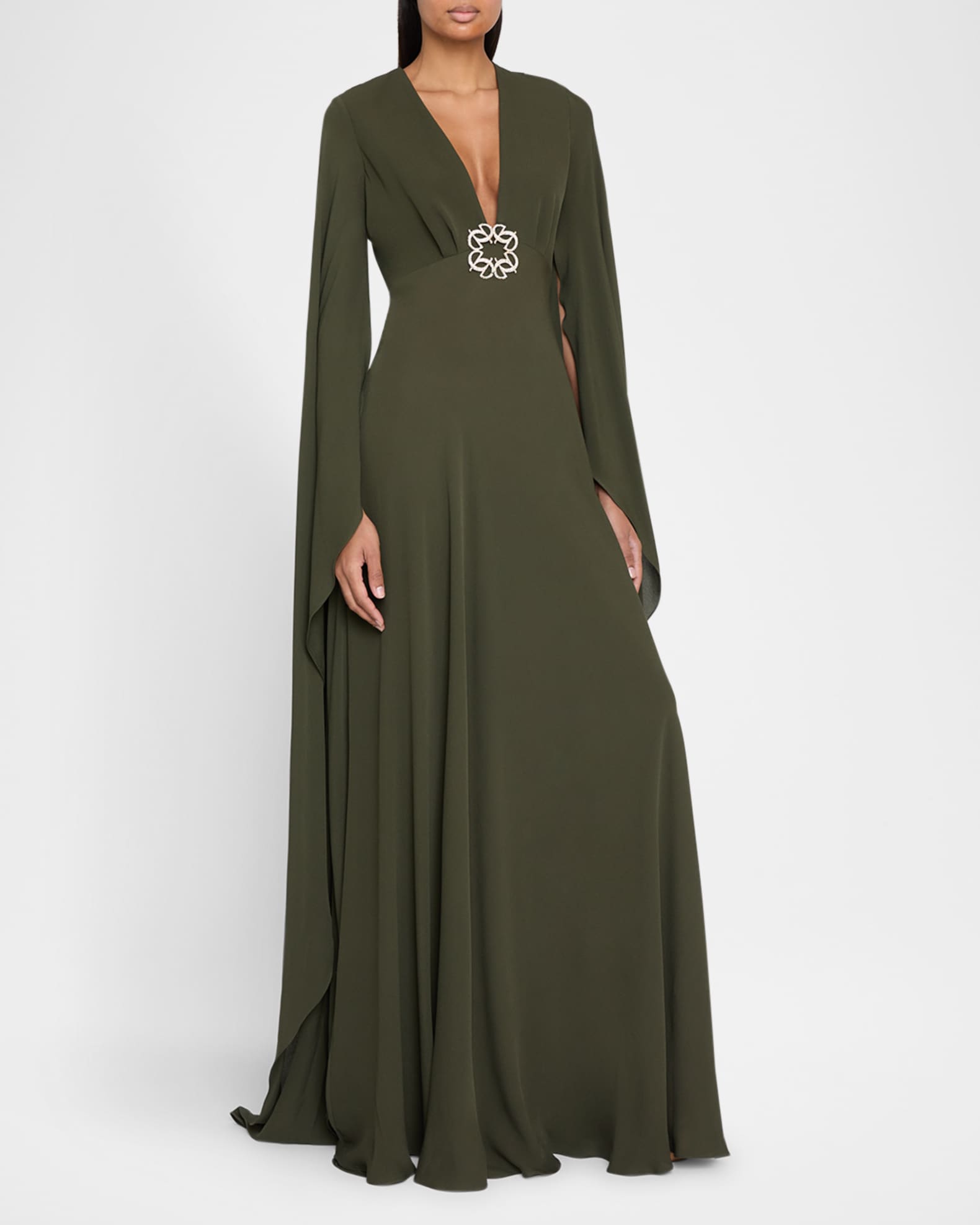 Plunging Crystal Cape-Sleeve Silk Gown 1