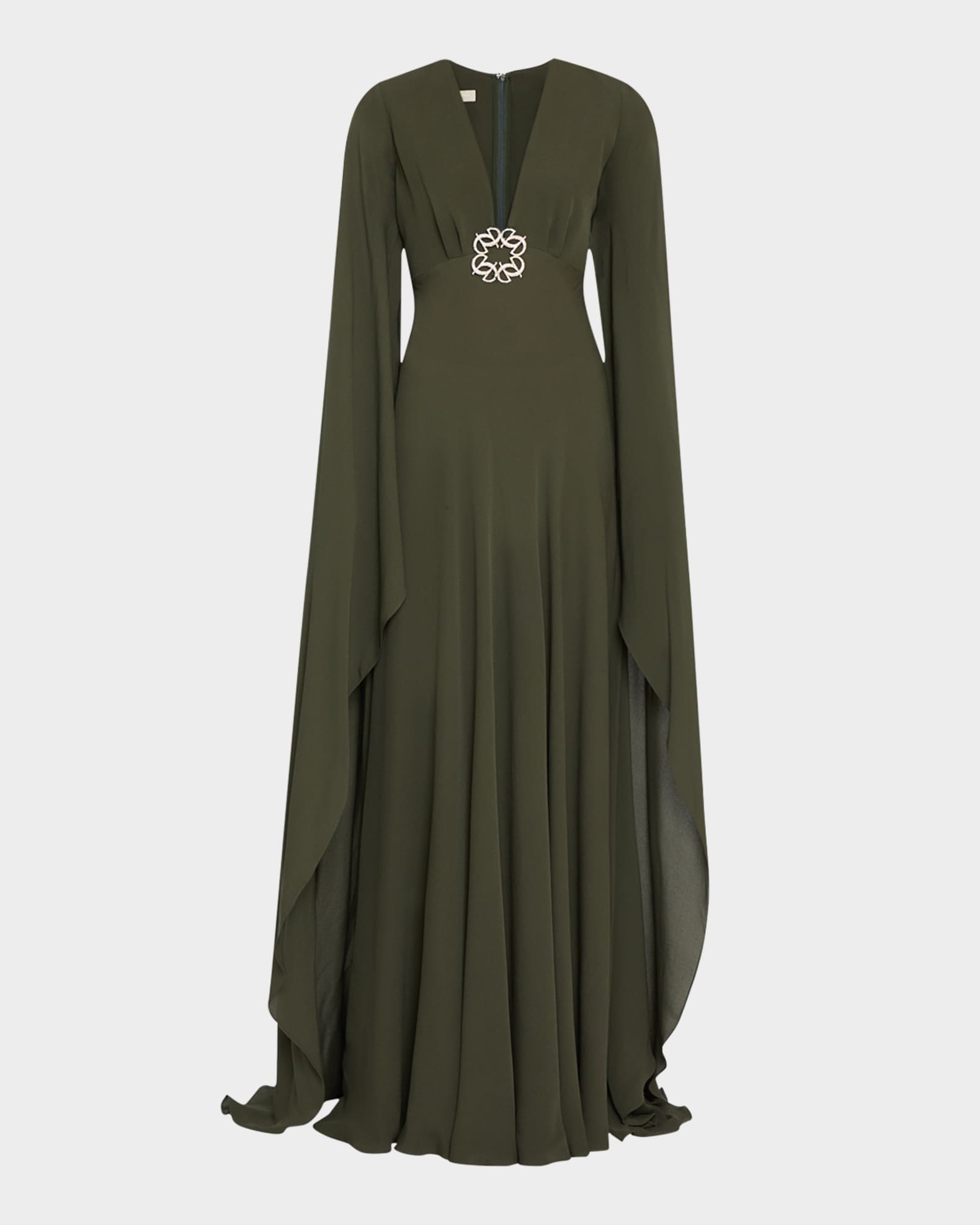 Plunging Crystal Cape-Sleeve Silk Gown 0