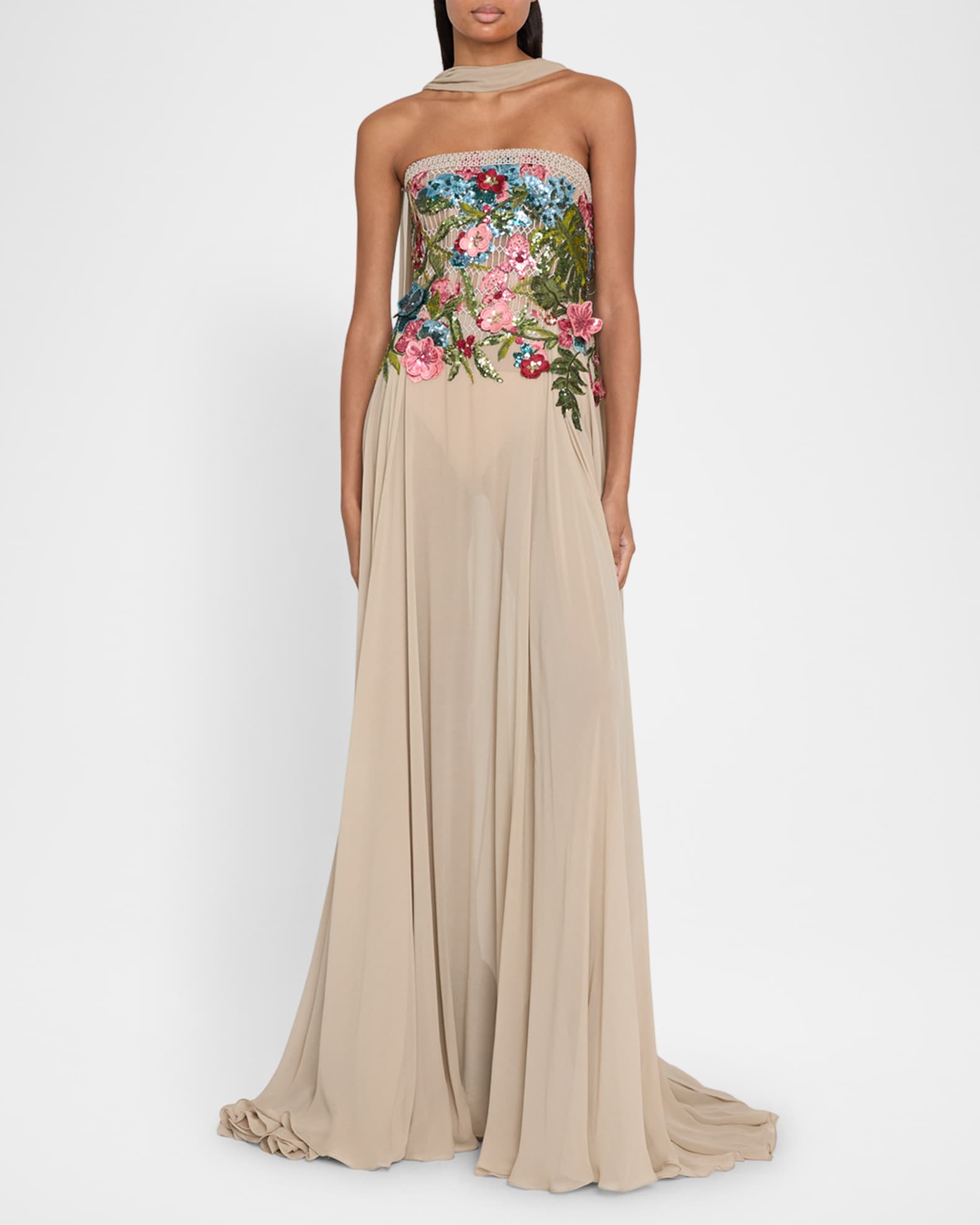 Strapless Embroidered Silk Scarf Gown 1