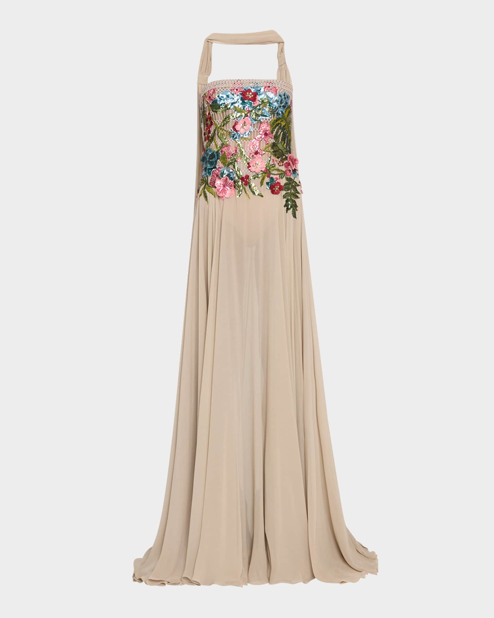 Strapless Embroidered Silk Scarf Gown 0
