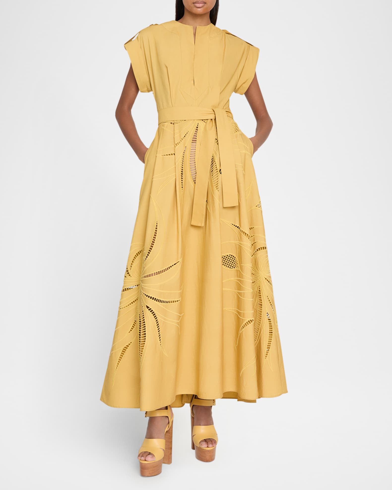 Embroidered Cotton Maxi Dress With Belt 1