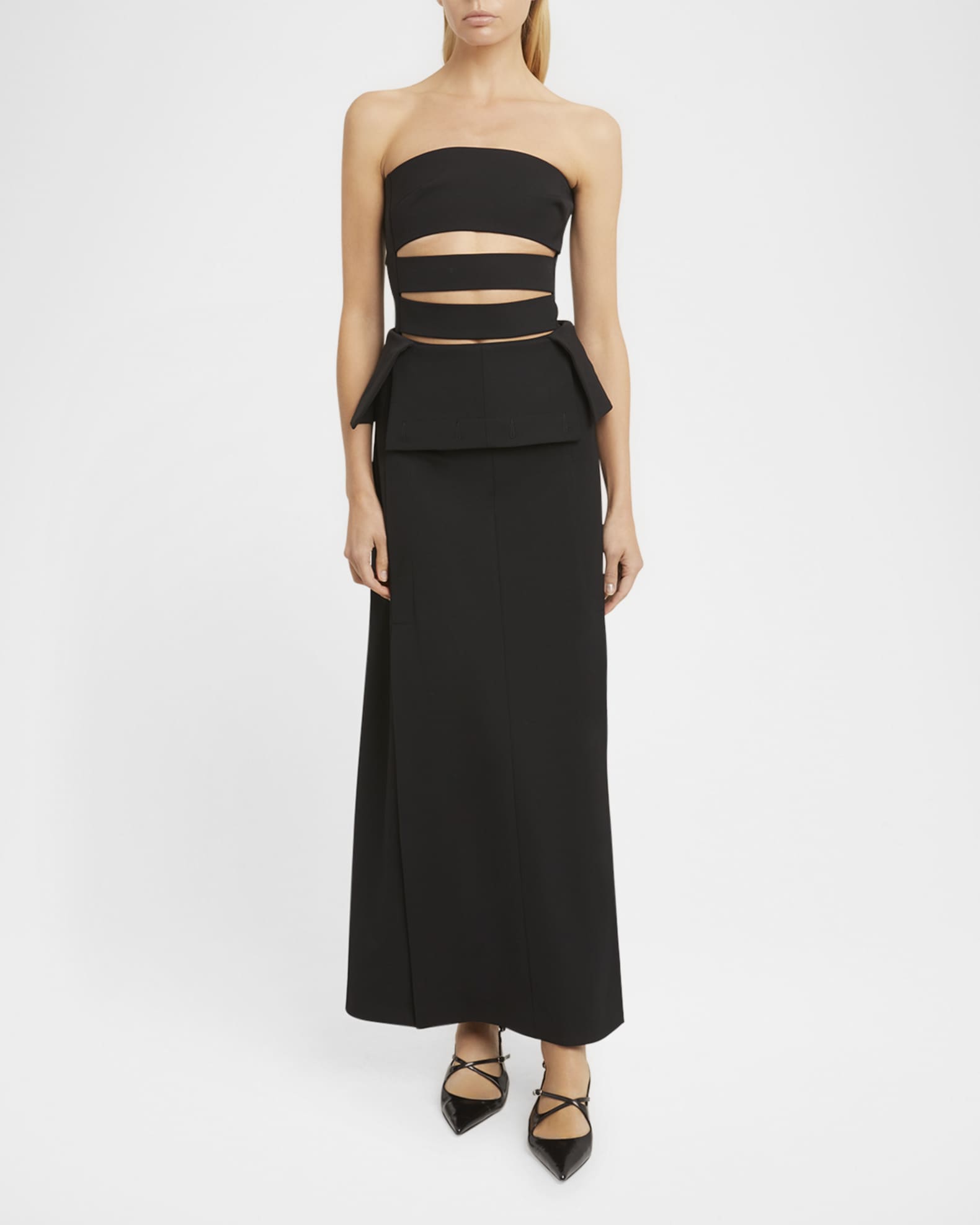 Kit Strapless Cutout Peplum Wool Gabardine Maxi Dress 1