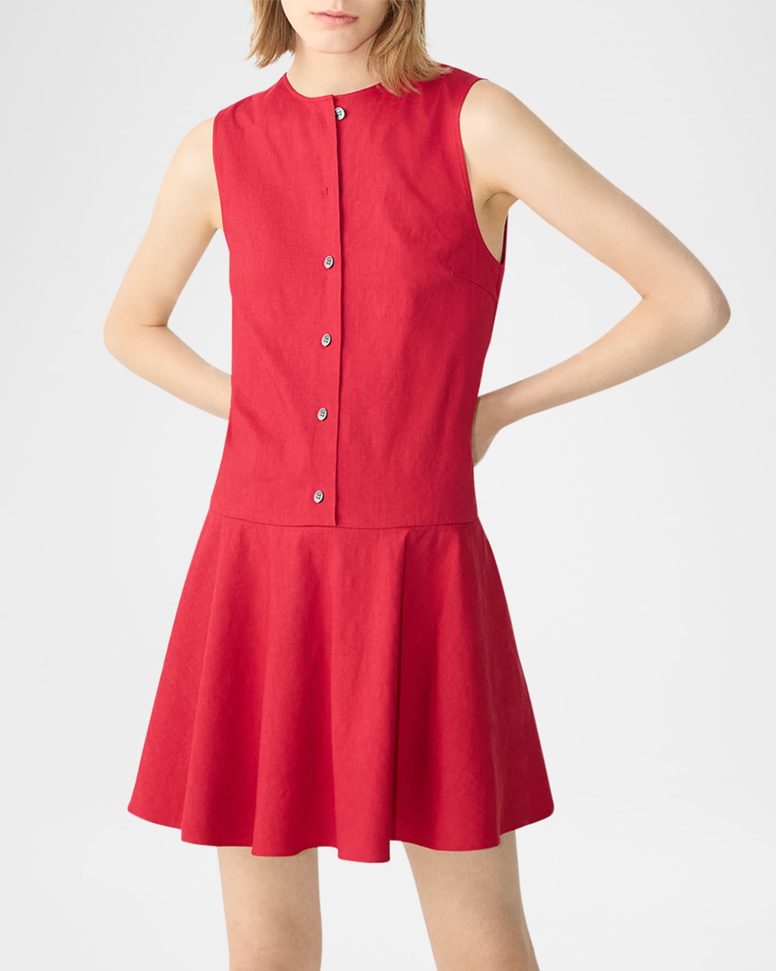 Theory Drop-Waist Crunch Linen Mini Dress | Neiman Marcus