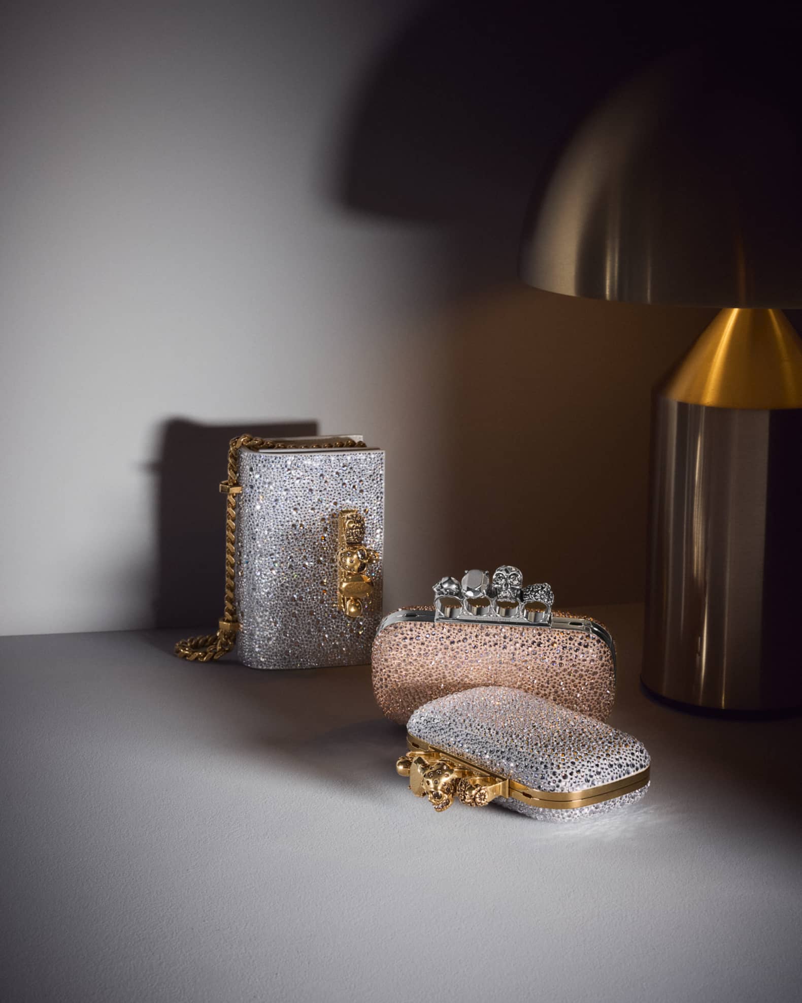 McQueen Skull Four Ring Embellished Leather Clutch Bag | Neiman Marcus