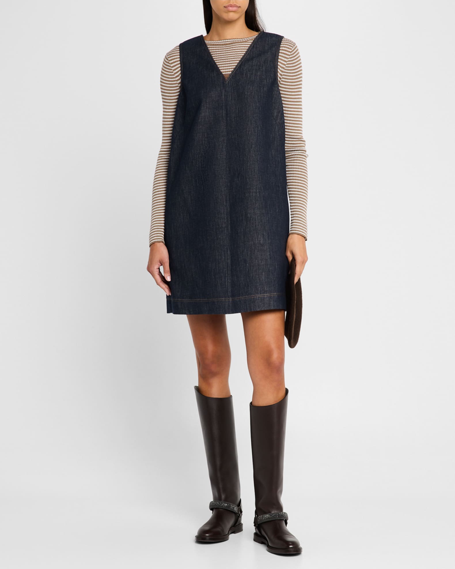 Short V-Neck Denim Tank Dress with Monili Insert 1