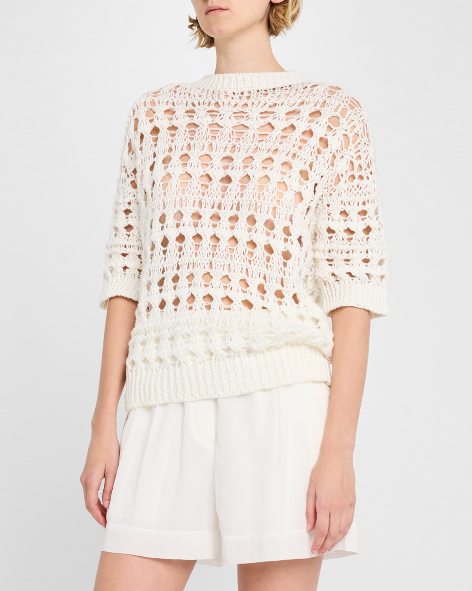 Brunello Cucinelli Openwork Knit Cotton Jute Top | Neiman Marcus