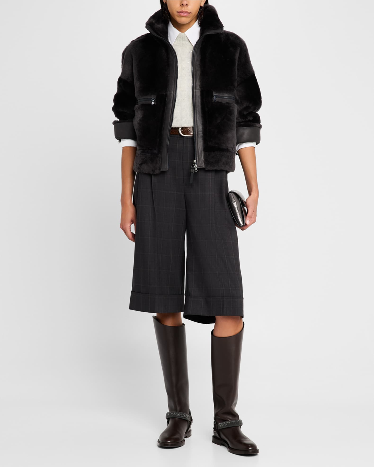 Shearling Velour Leather Zip Pocket Jacket 1