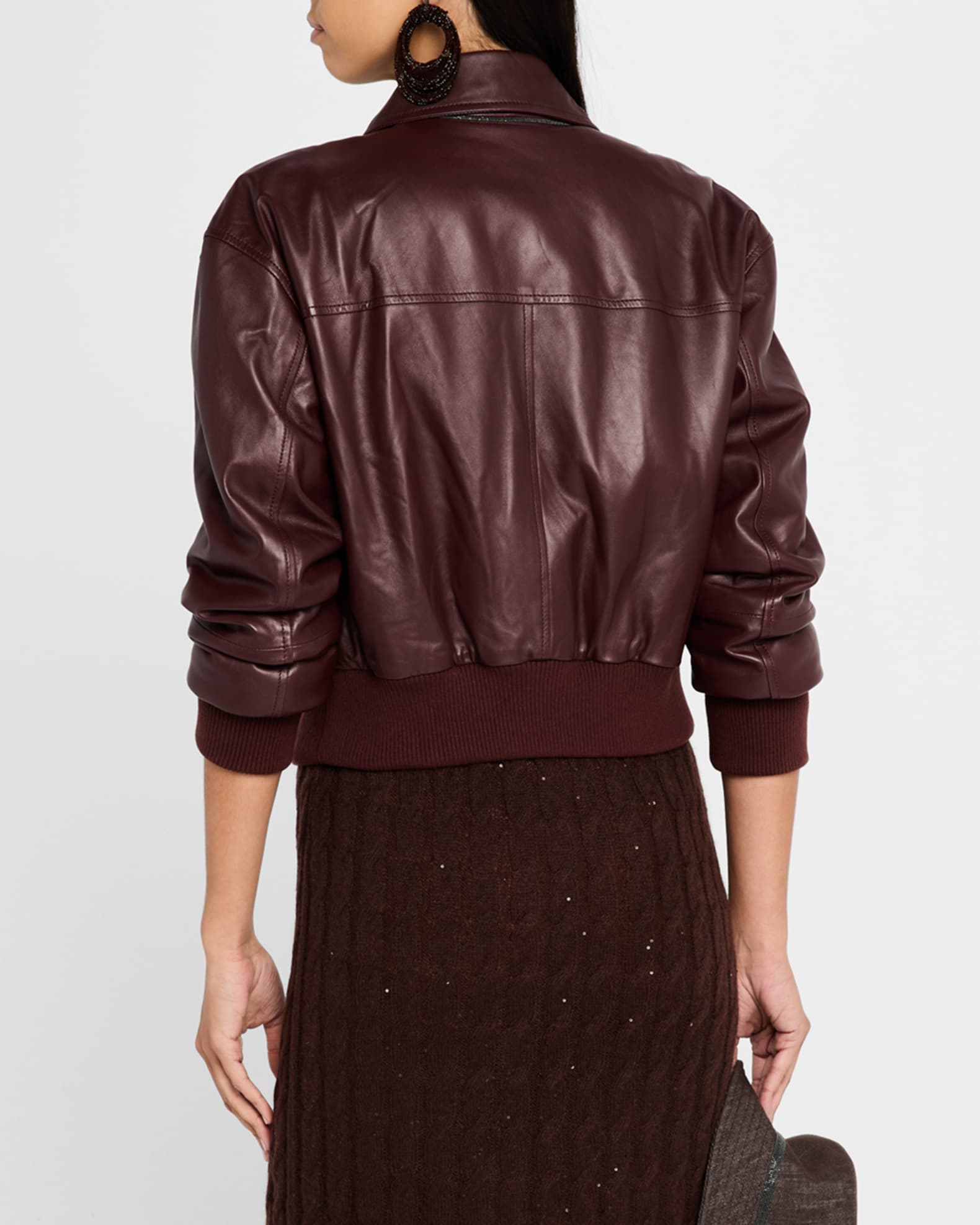 Monili-Neck Smooth Glove Leather Bomber Jacket