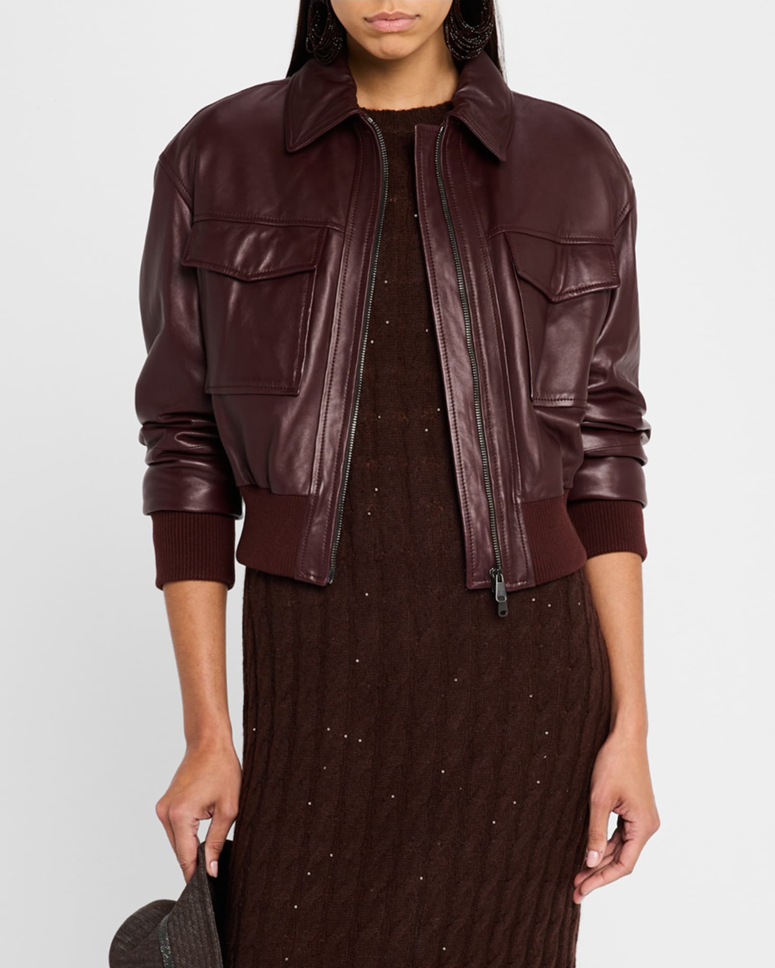 Monili-Neck Smooth Glove Leather Bomber Jacket