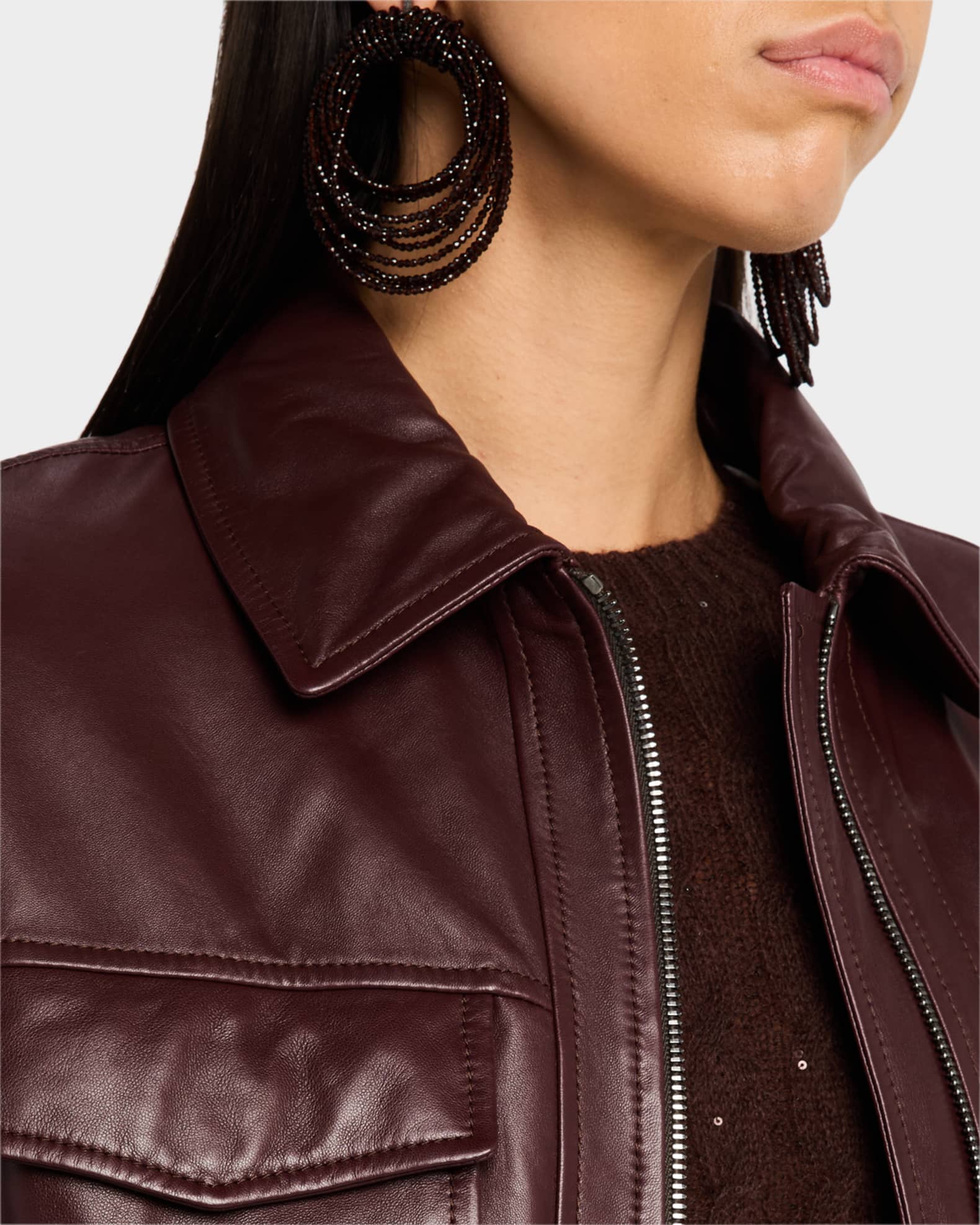 Monili-Neck Smooth Glove Leather Bomber Jacket