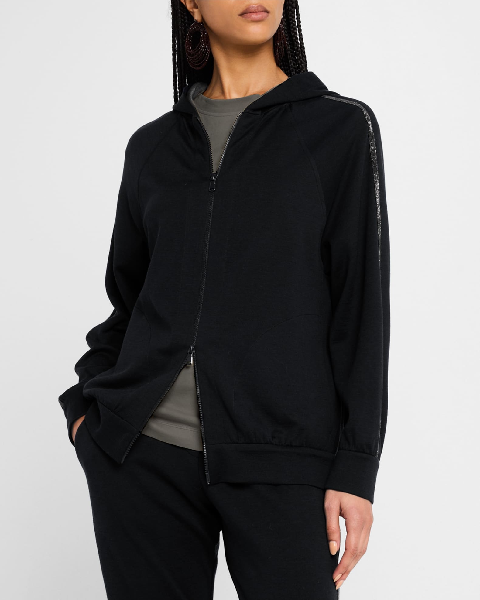 Brunello Cucinelli Monili-Trim Cotton-Silk Zip Hoodie | Neiman Marcus