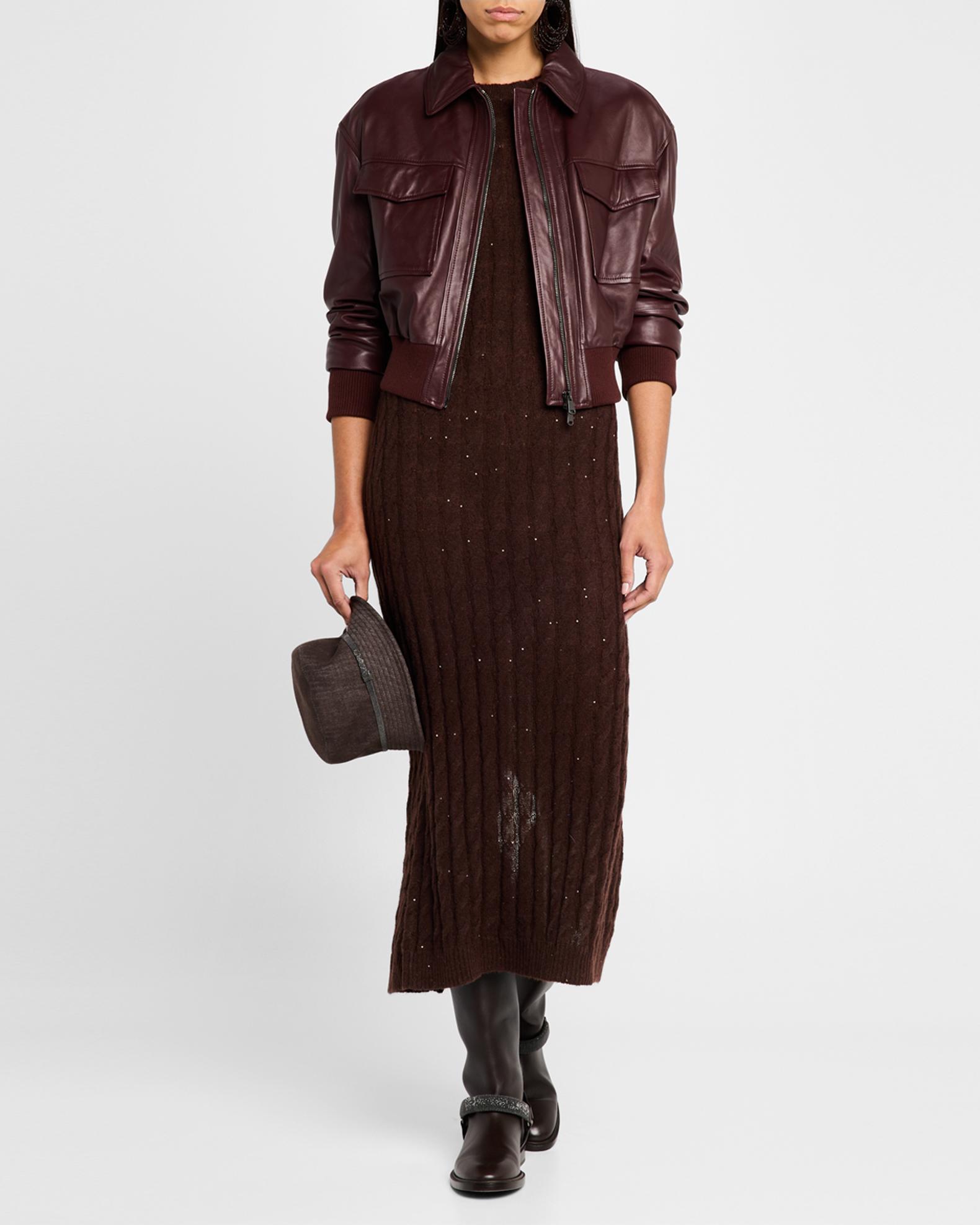 Brunello Cucinelli Mohair Pailette Cable Knit Maxi Sweater Dress, Red/Brown, Women's, X-Large, Casual & Work Dresses Sweater Dresses