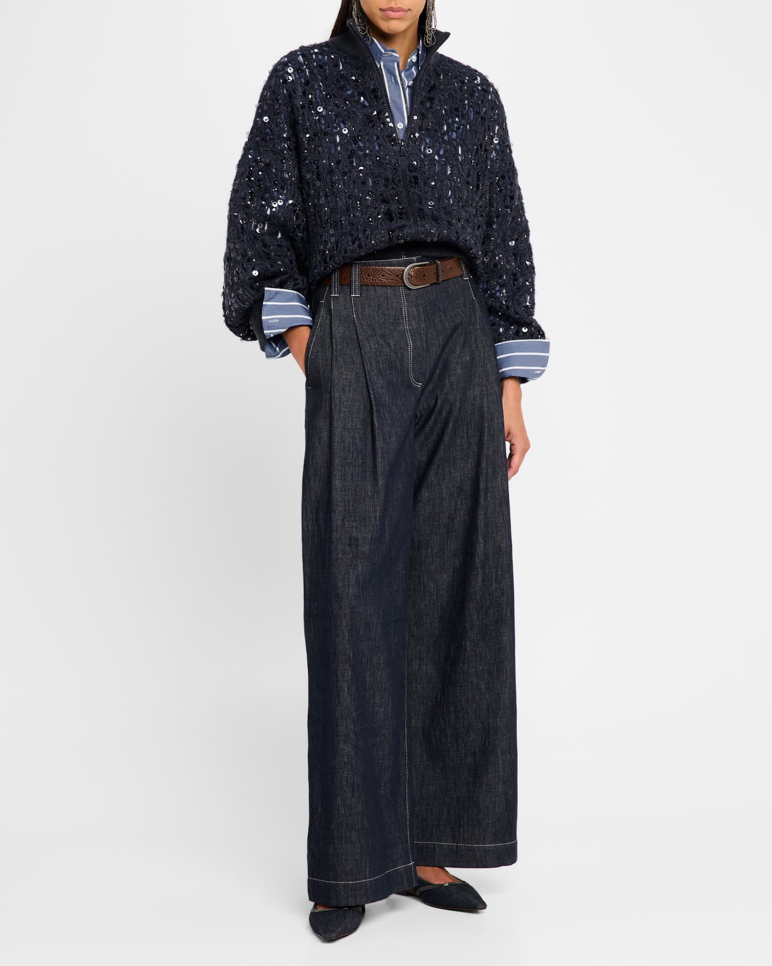 Wool-Cashmere Paillette Open-Knit Zip Cardigan 1