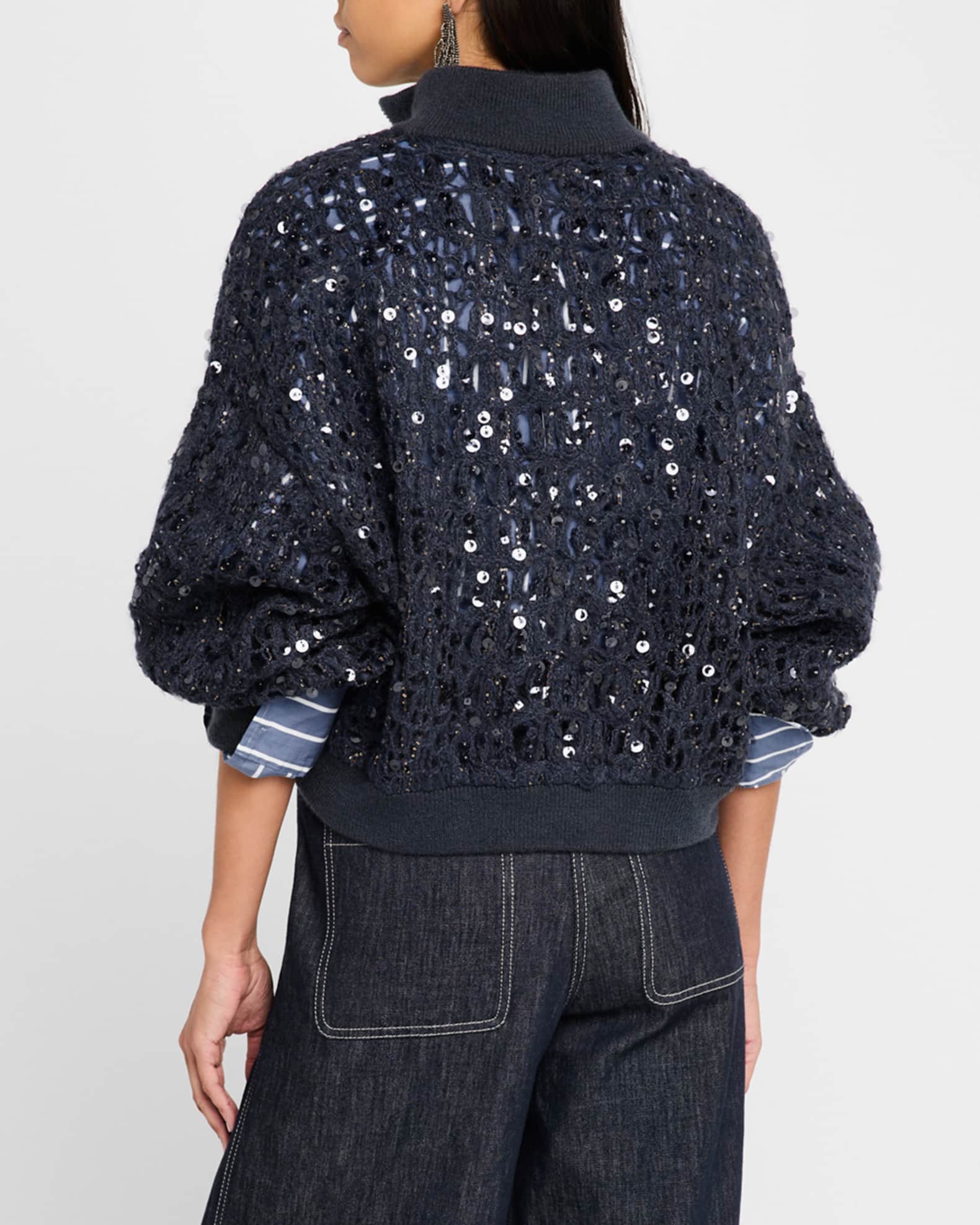 Brunello Cucinelli Wool-Cashmere Paillette Open-Knit Zip Cardigan