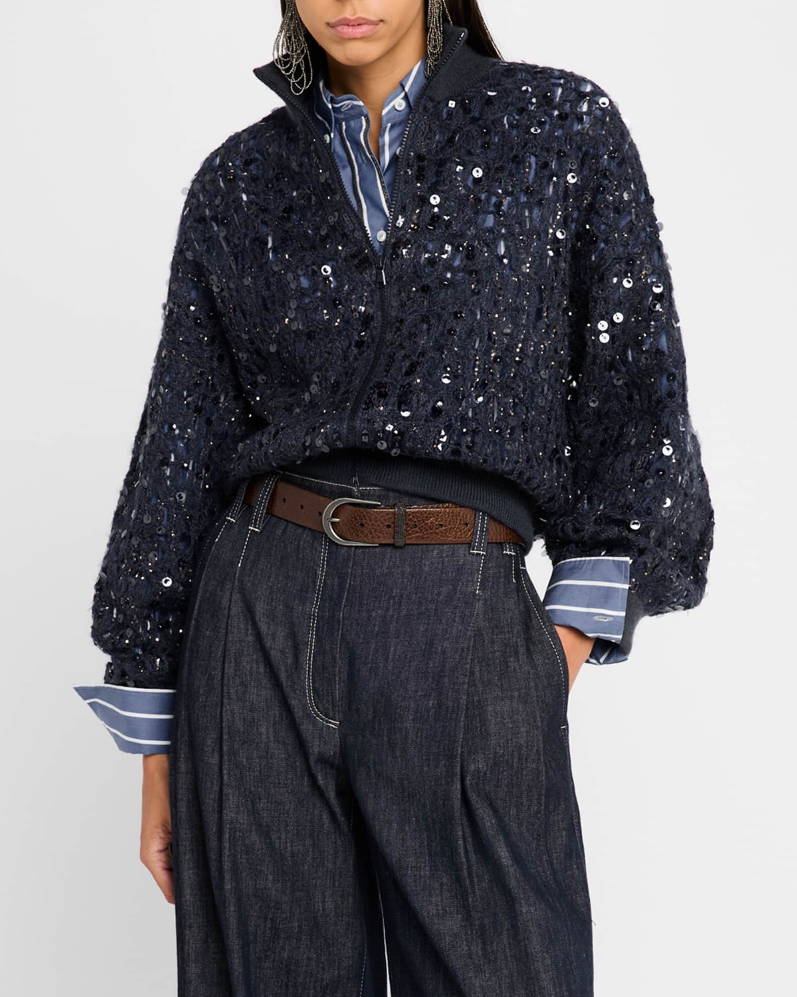 【20万円超級】BRUNELLO CUCINELLI 最高級カーディガン46 Brunello Cucinelli Cashmere-Mohair Paillette Check Jacquard