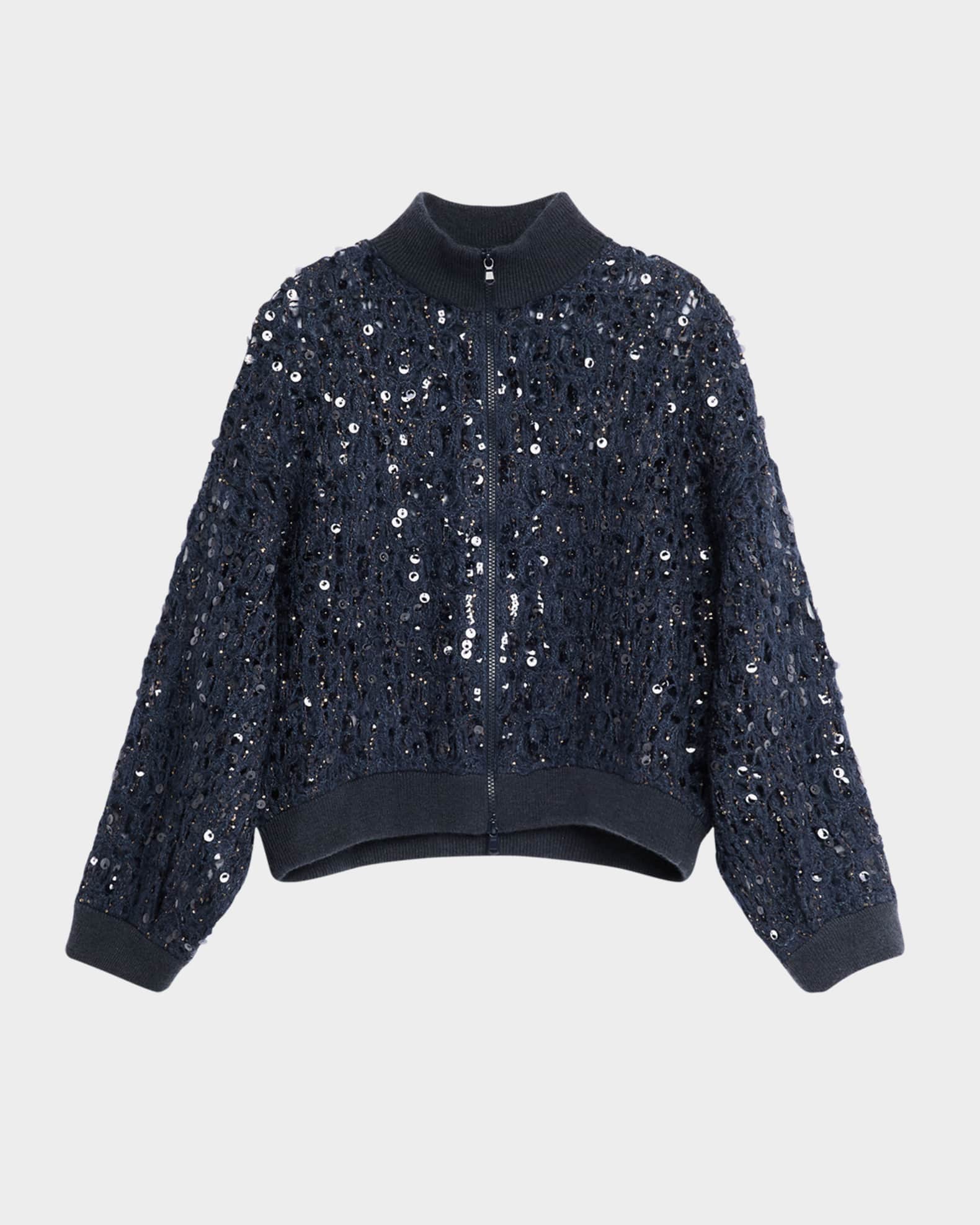 Wool-Cashmere Paillette Open-Knit Zip Cardigan 0