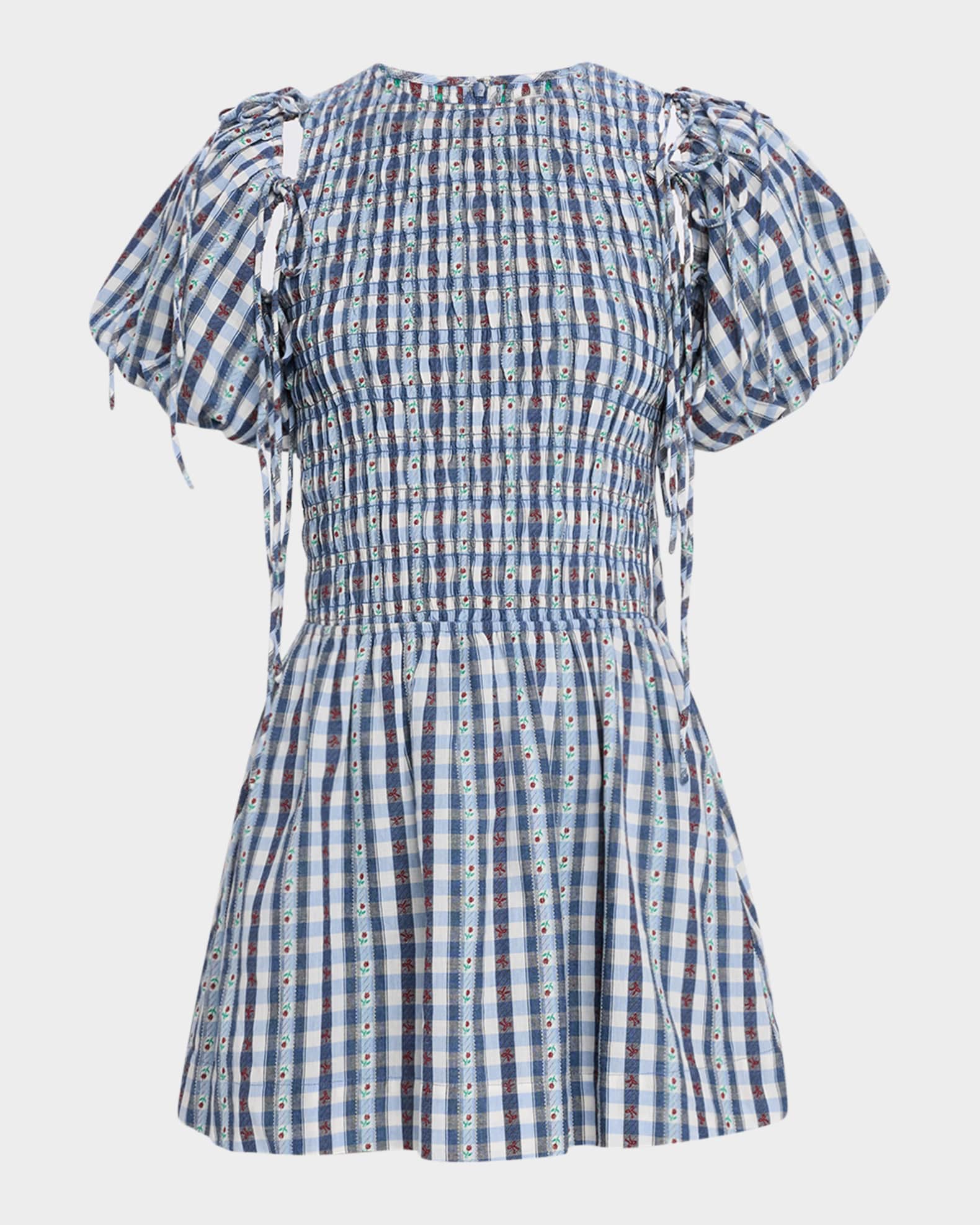 Damson Madder Becca Puff-Sleeve Check Mini Dress | Neiman Marcus