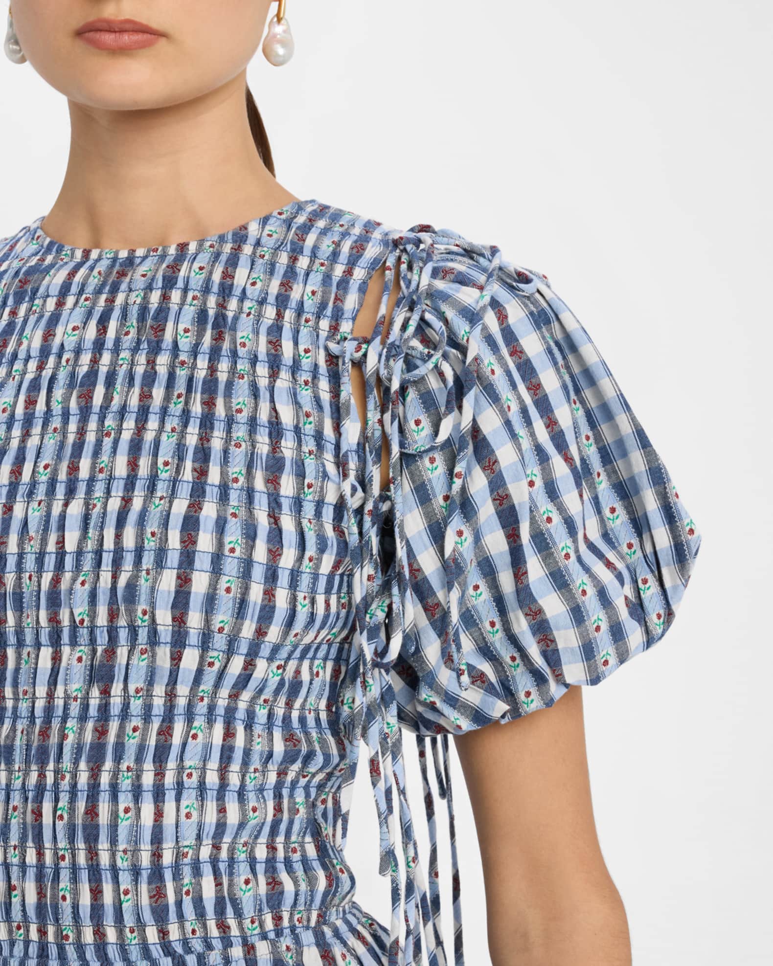 ワンピース Becky check mini dress brown Damson Madder Becca Puff-Sleeve Check Mini Dress | Neiman Marcus