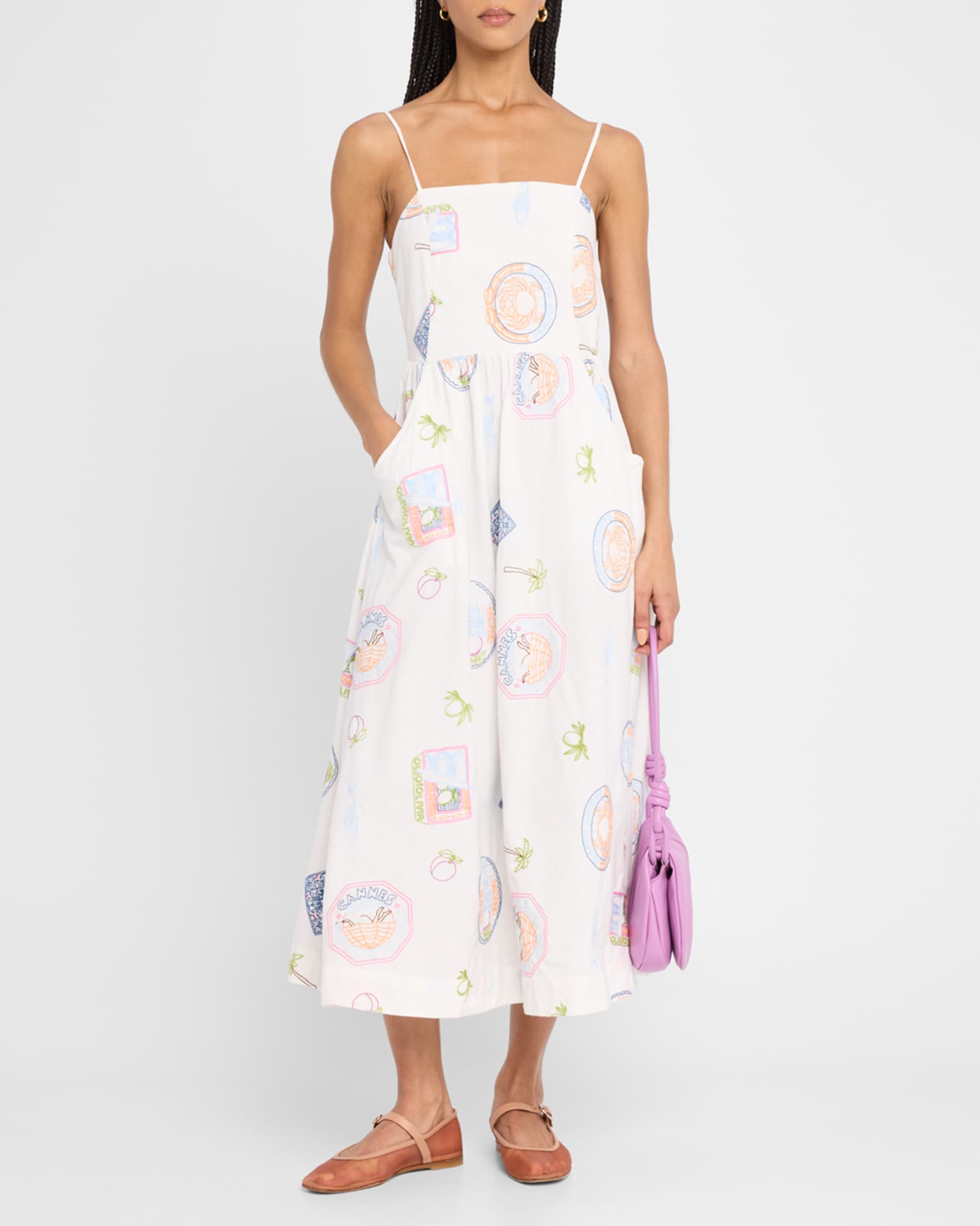 Damson Madder Peaches Embroidered Apron Midi Dress | Neiman Marcus