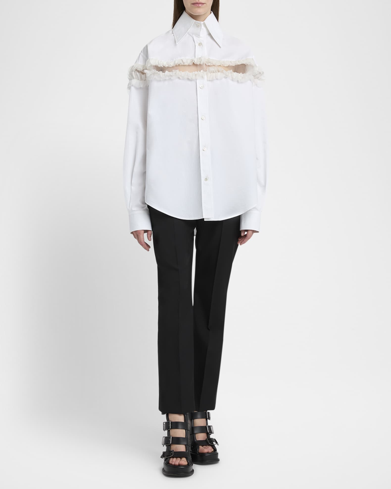 Ruffle-Inset Button-Down Blouse 1