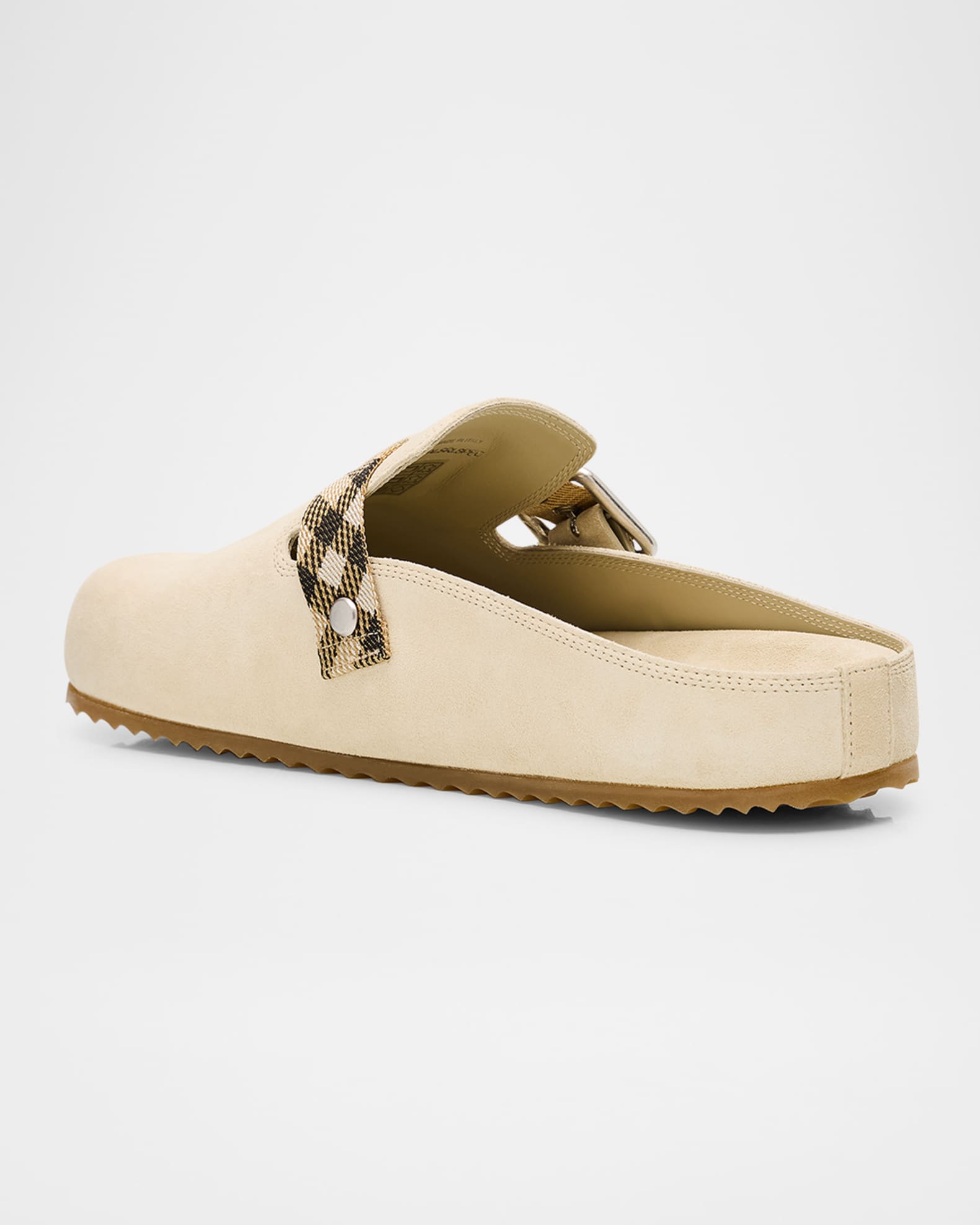 Burberry Urchin Suede Check Buckle Clogs | Neiman Marcus