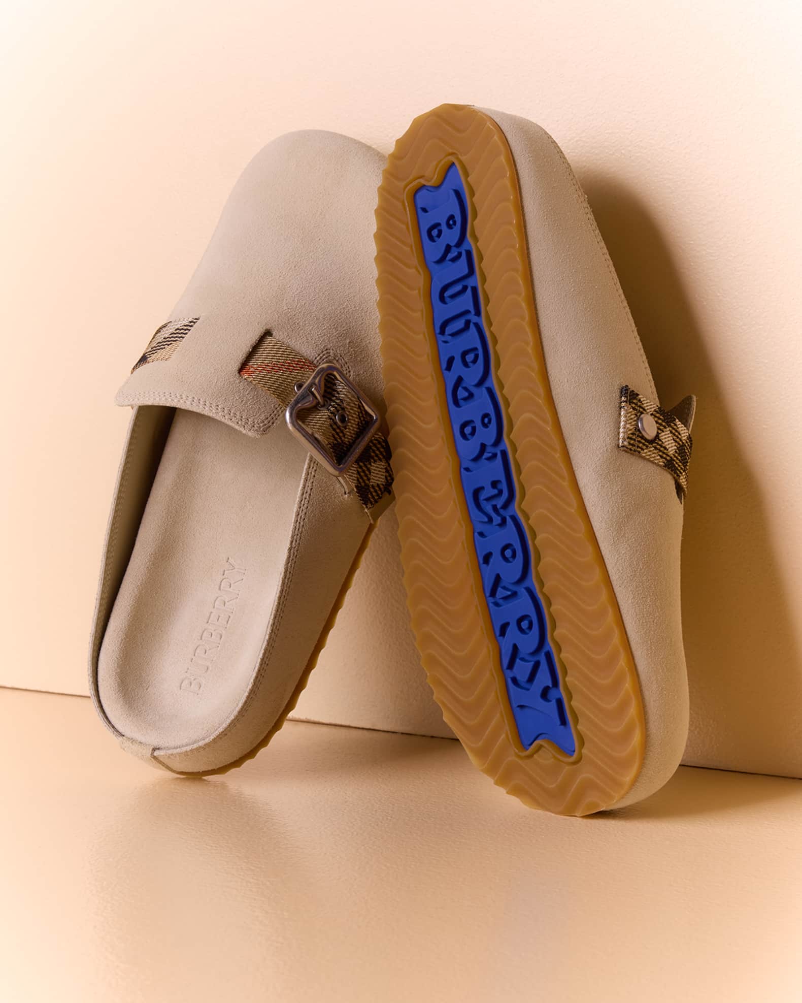 Burberry Urchin Suede Check Buckle Clogs | Neiman Marcus