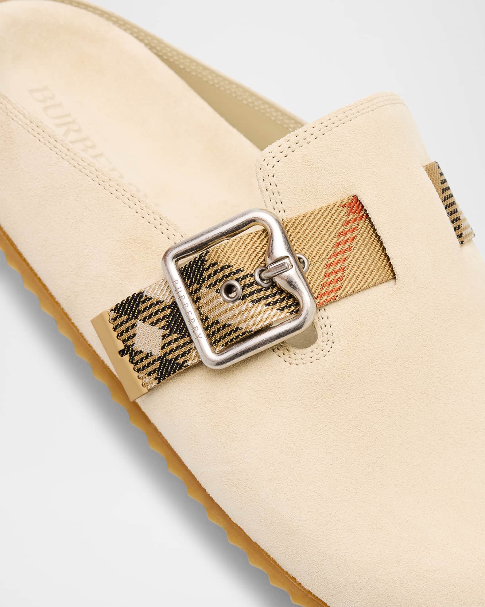 Burberry Urchin Suede Check Buckle Clogs | Neiman Marcus
