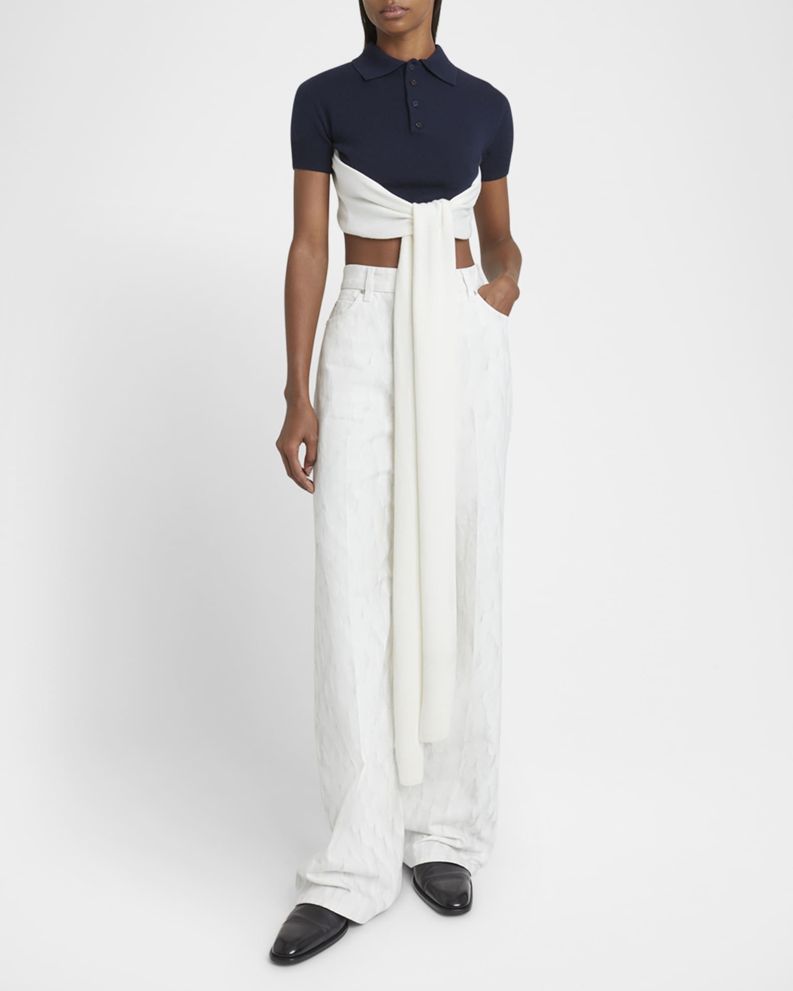 Colorblock Cropped Backless Wool Cashmere Polo Sweater with Self-Tie 1