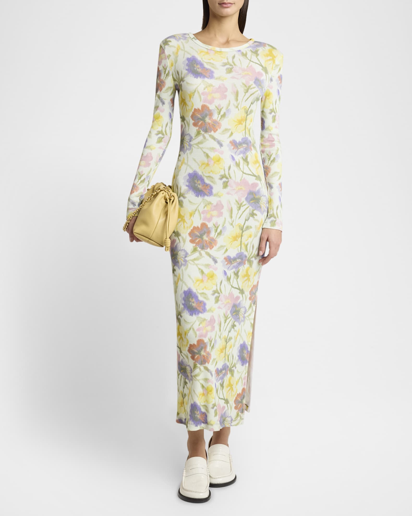 Loewe Floral Printed Mesh Tube Long Sleeve Midi Dress