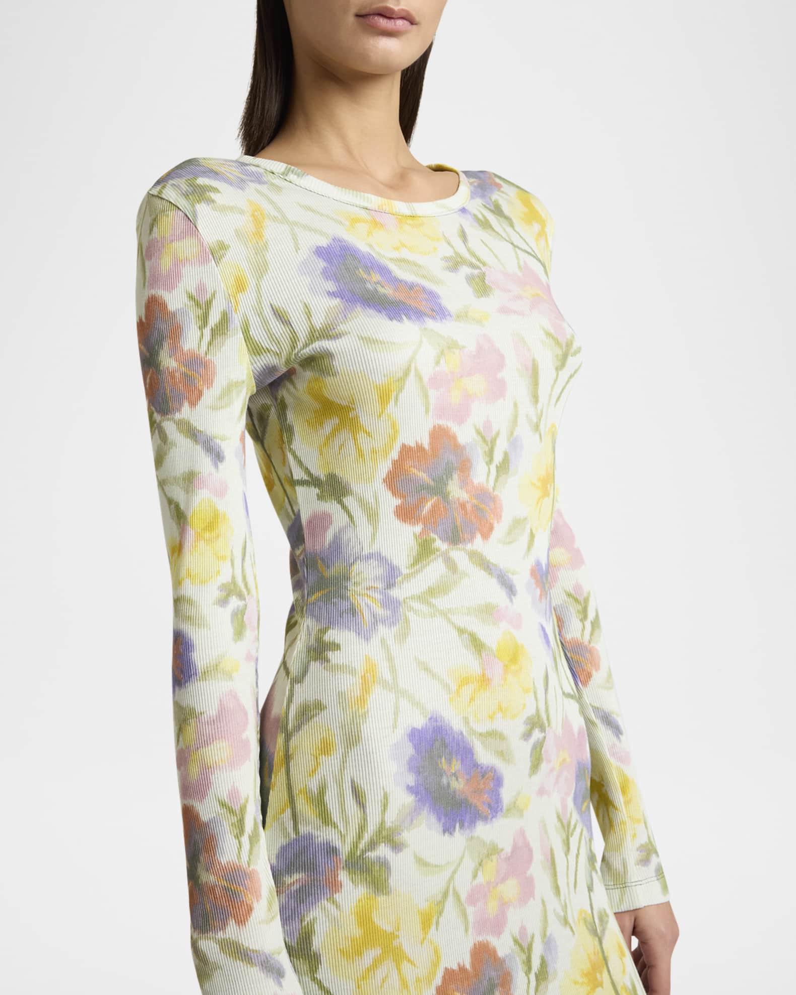 Loewe Floral Printed Mesh Tube Long Sleeve Midi Dress