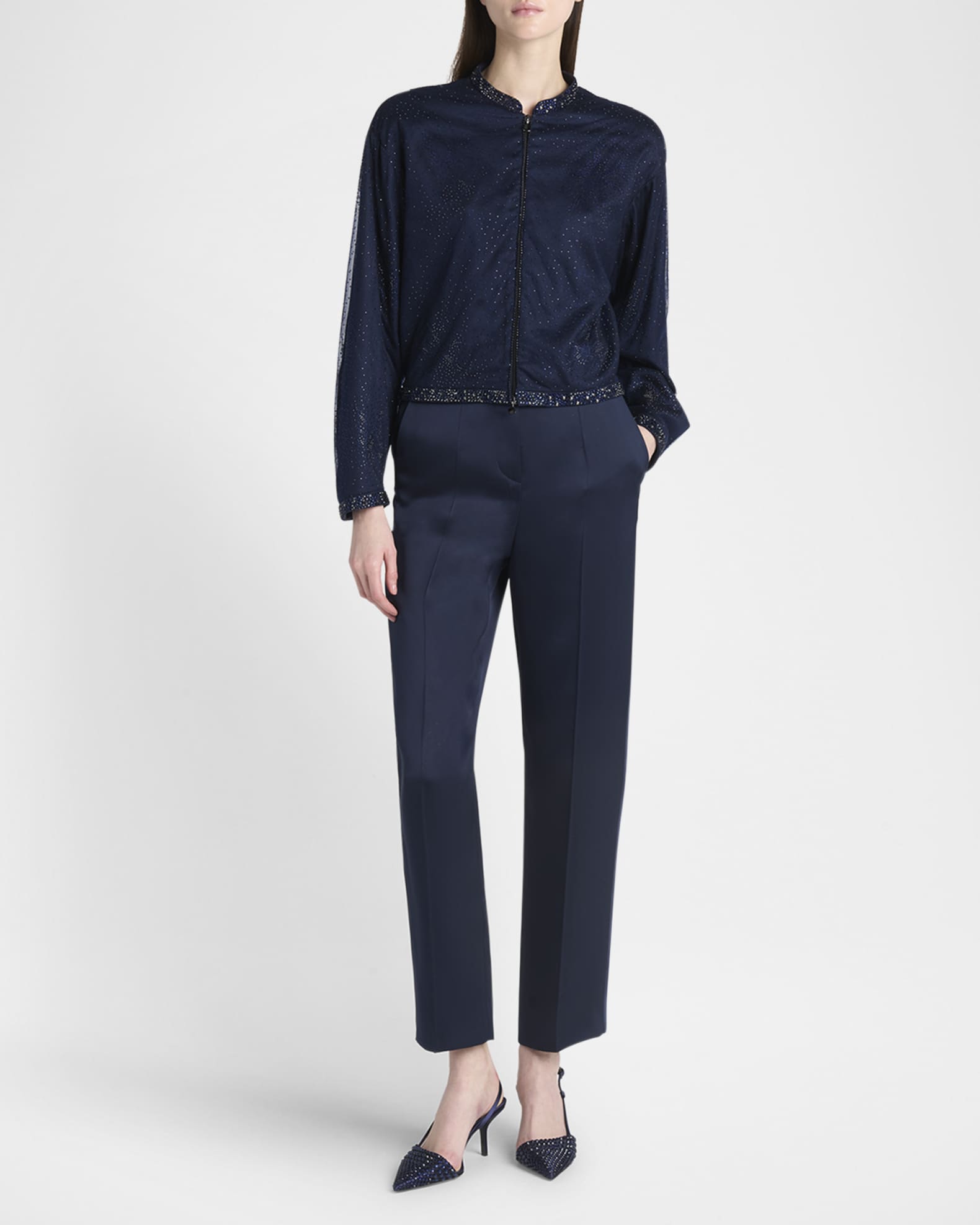 Embellished-Waist Satin Straight-Leg Ankle Trousers 1