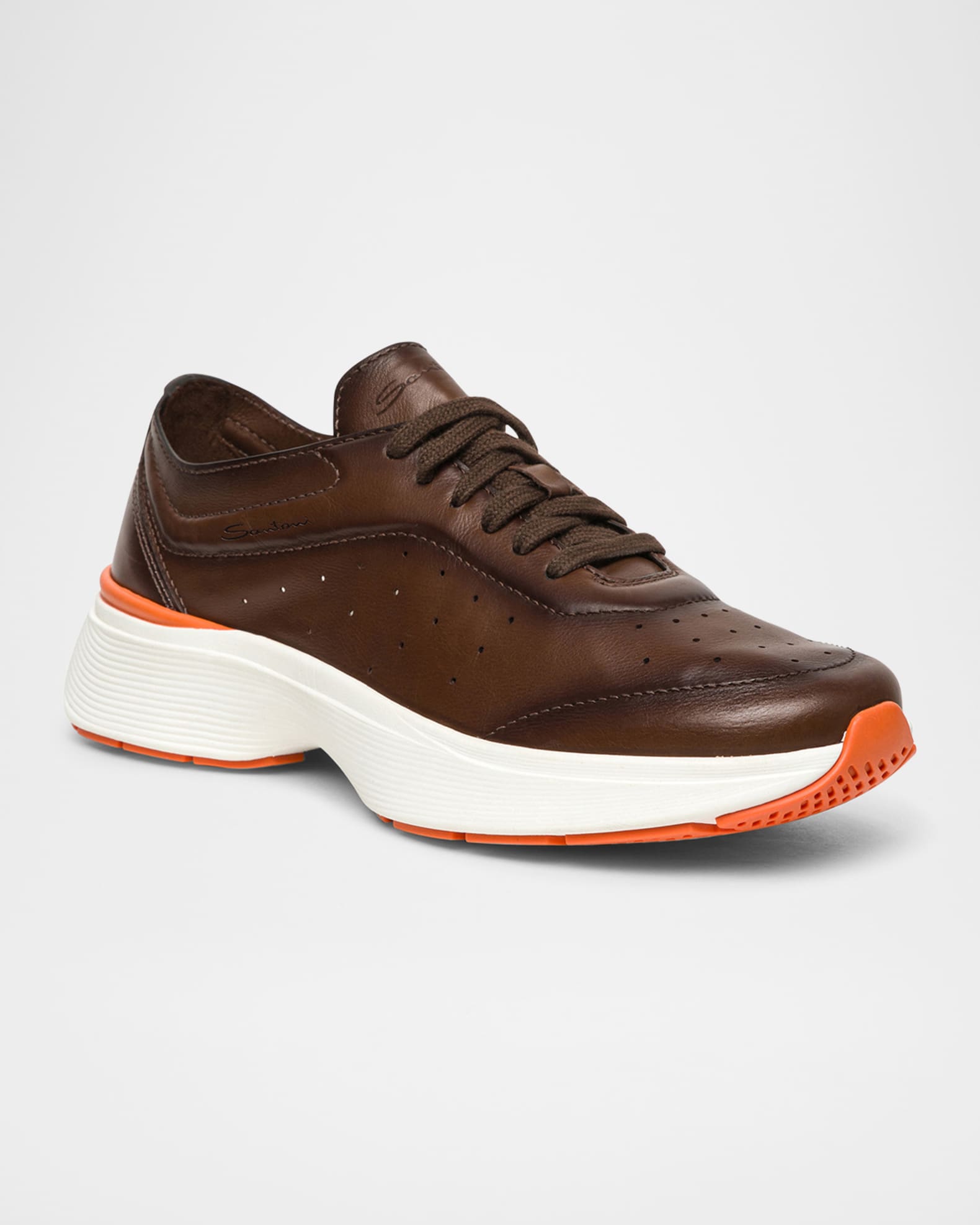 スニーカー Santoni Brown Leather Clean Sneakers SANTONI men's brown leather sneakers / shoes / made in Italy