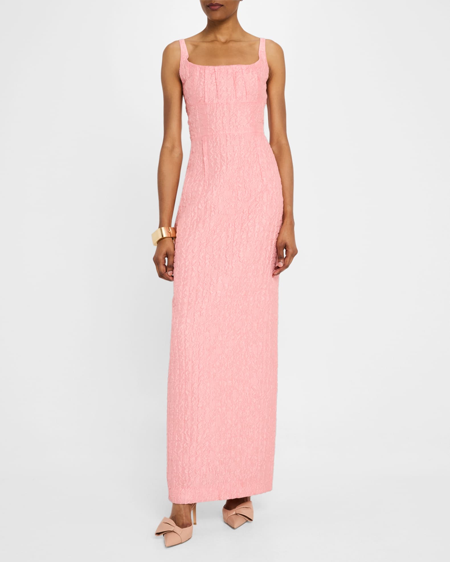 Sharon Scoop-Neck Seersucker Column Gown 1