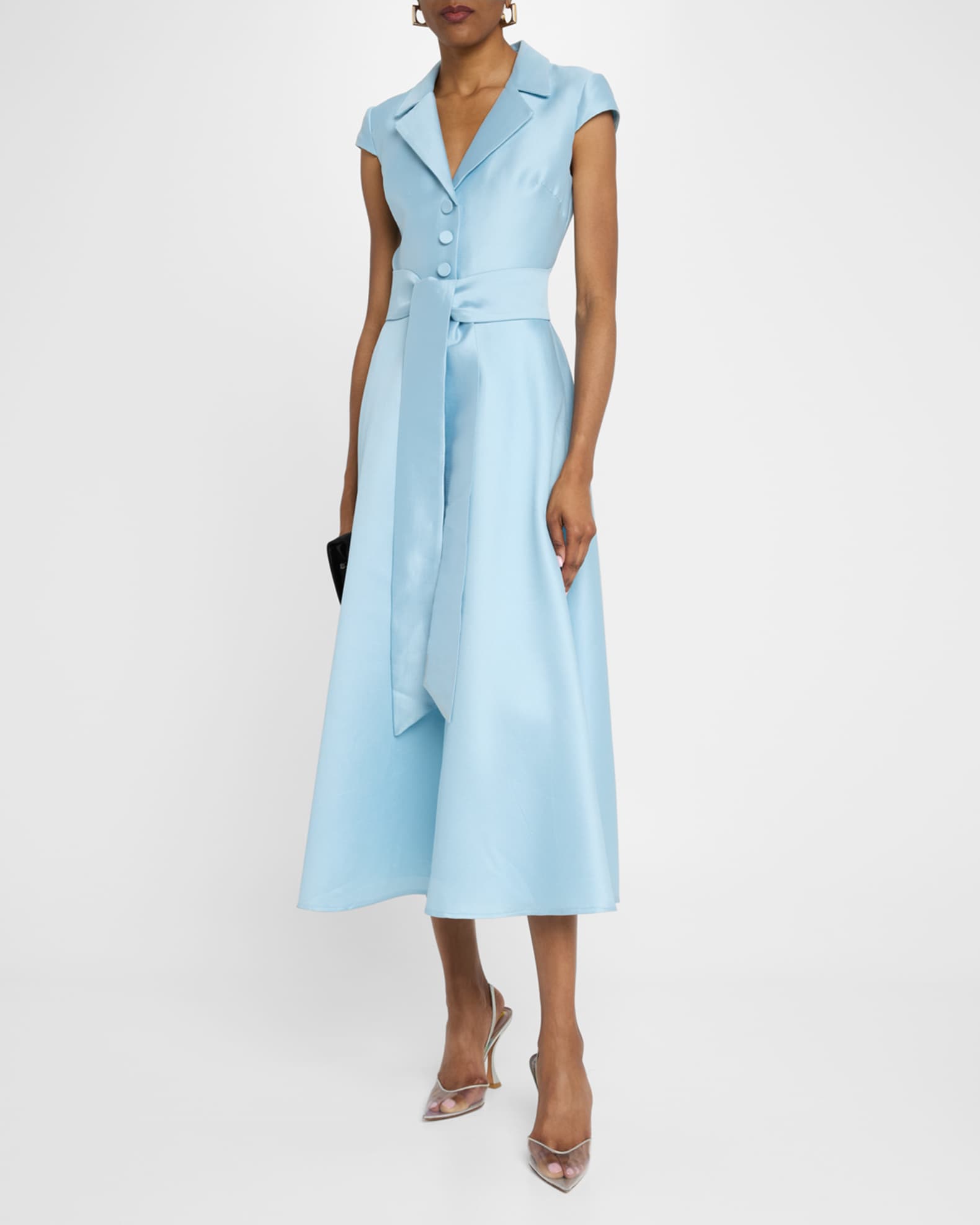 Belted Cap-Sleeve Pique Midi Shirtdress 1