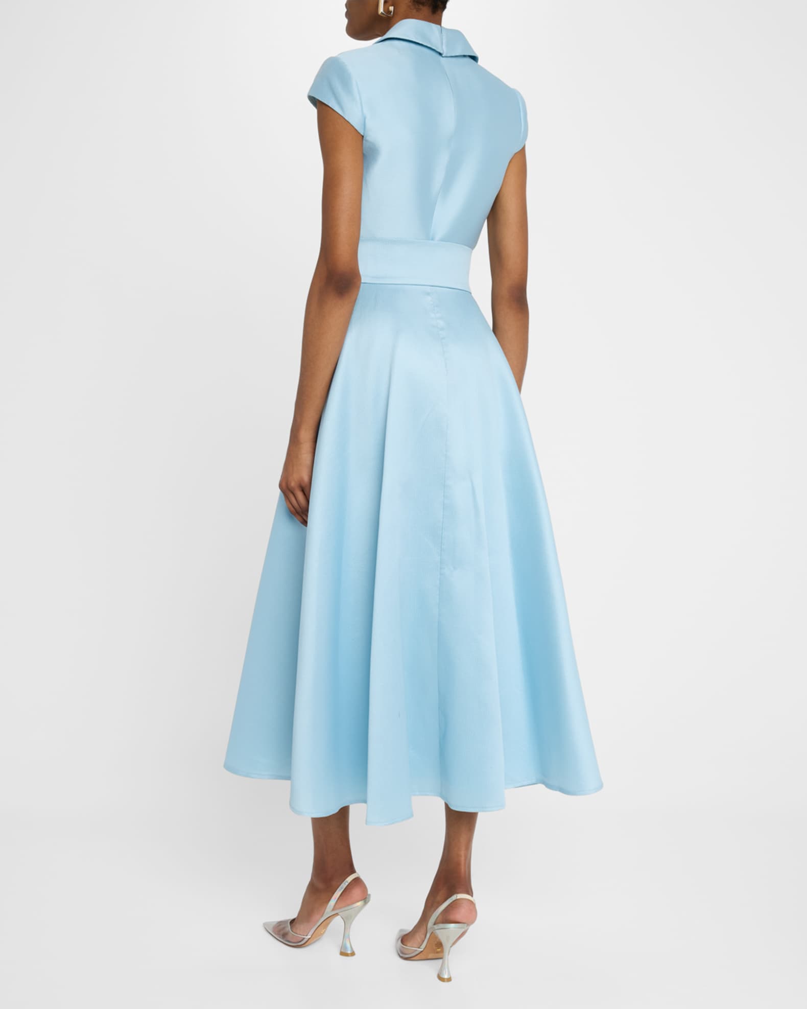 Belted Cap-Sleeve Pique Midi Shirtdress