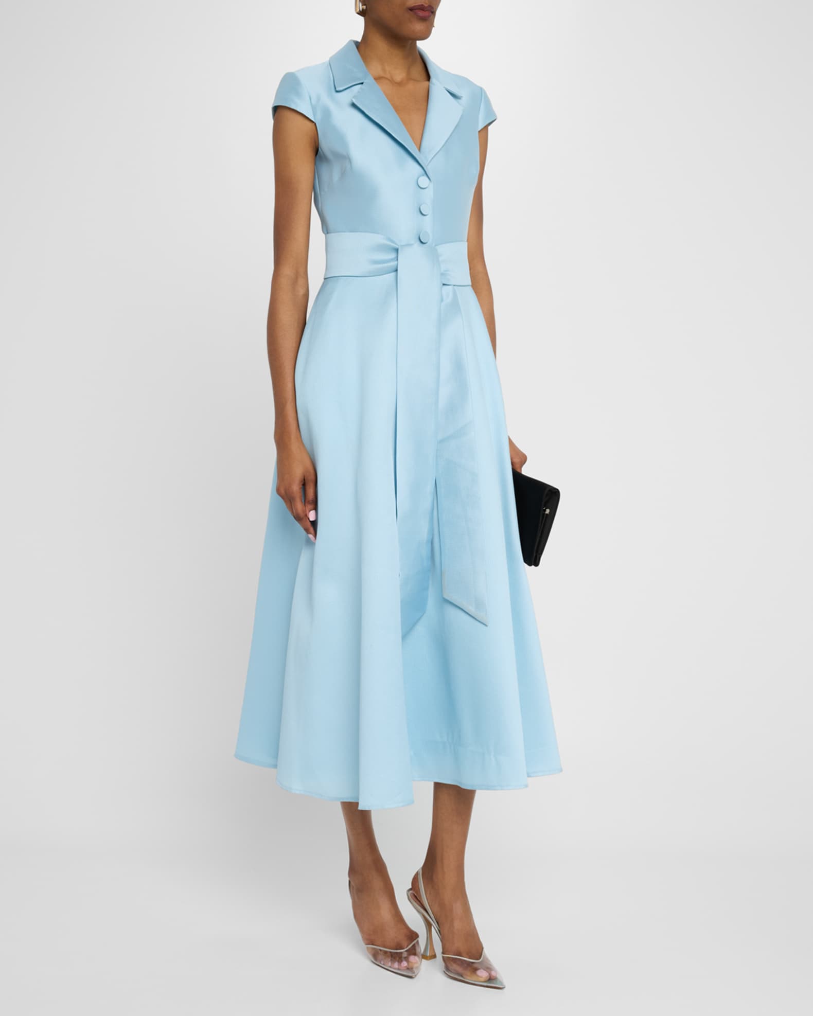 Belted Cap-Sleeve Pique Midi Shirtdress
