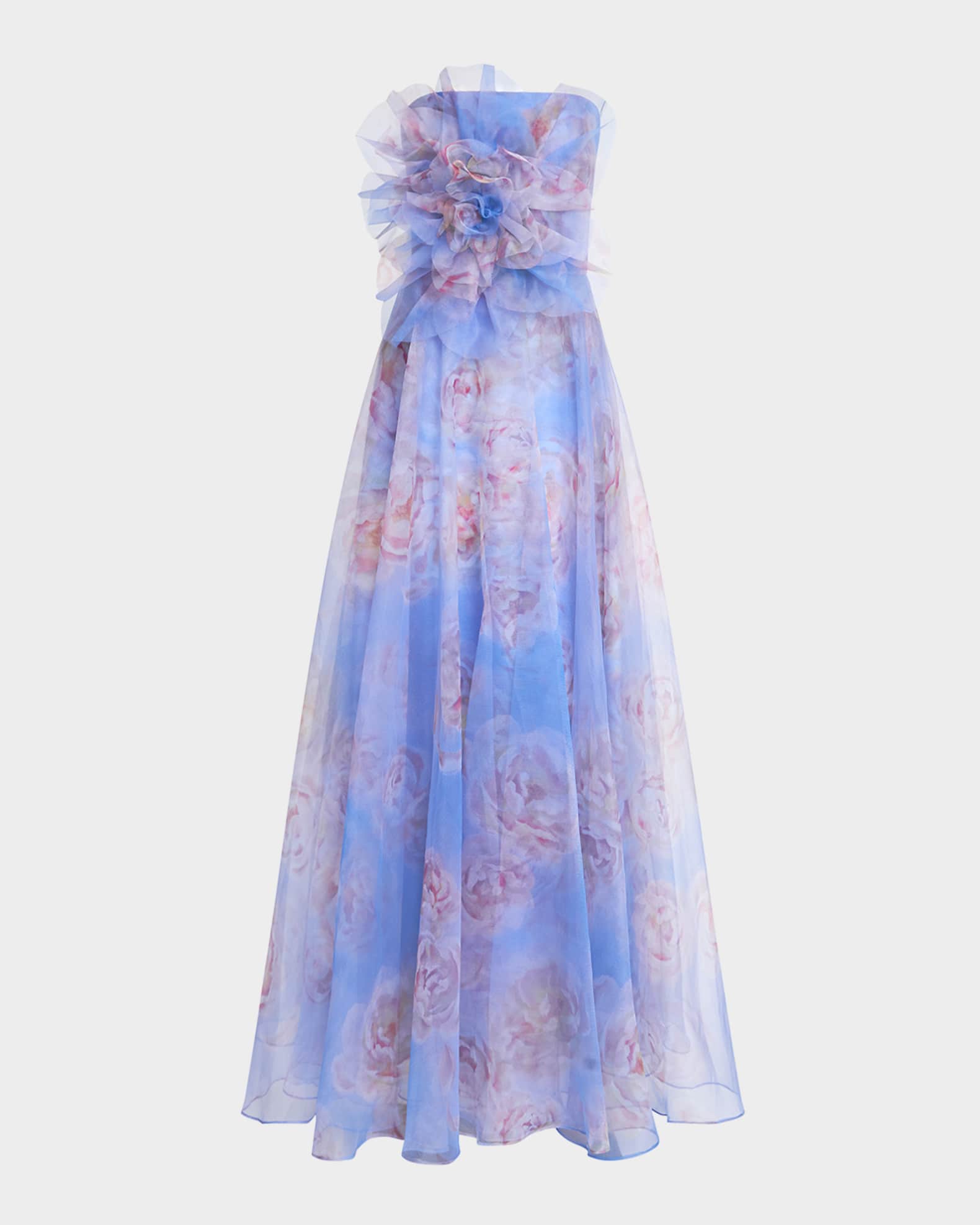 Kimberly Strapless Floral-Print Organza Gown 0