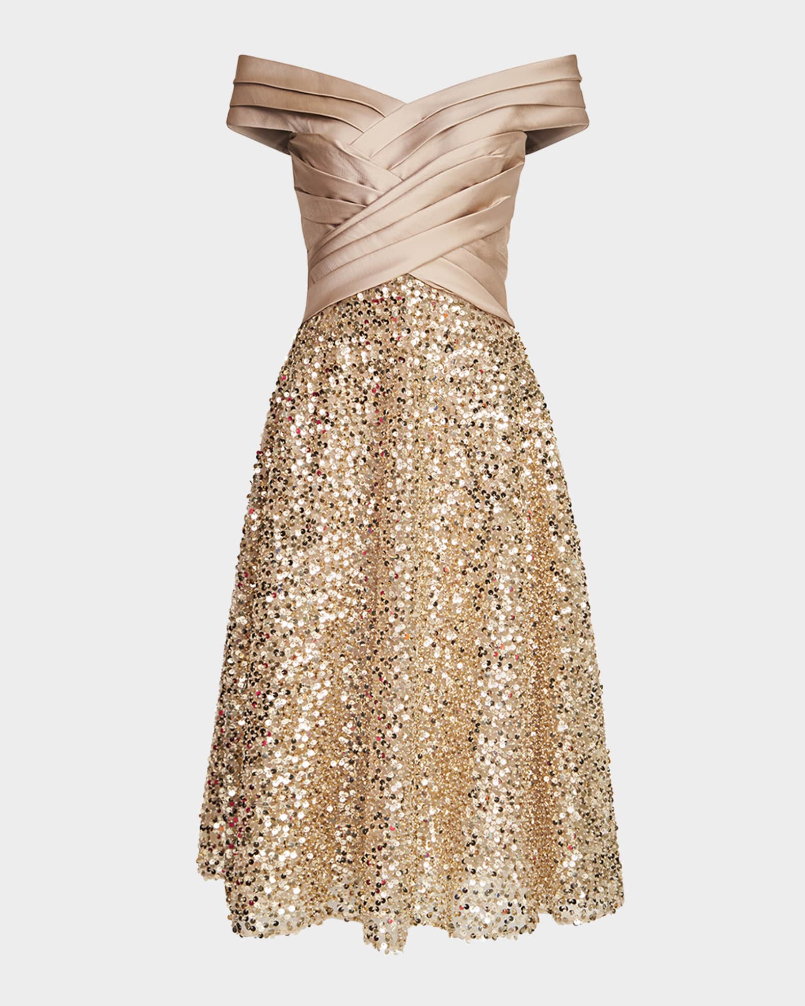 Brandy Off-Shoulder Pleated Sequin Midi Dress 0