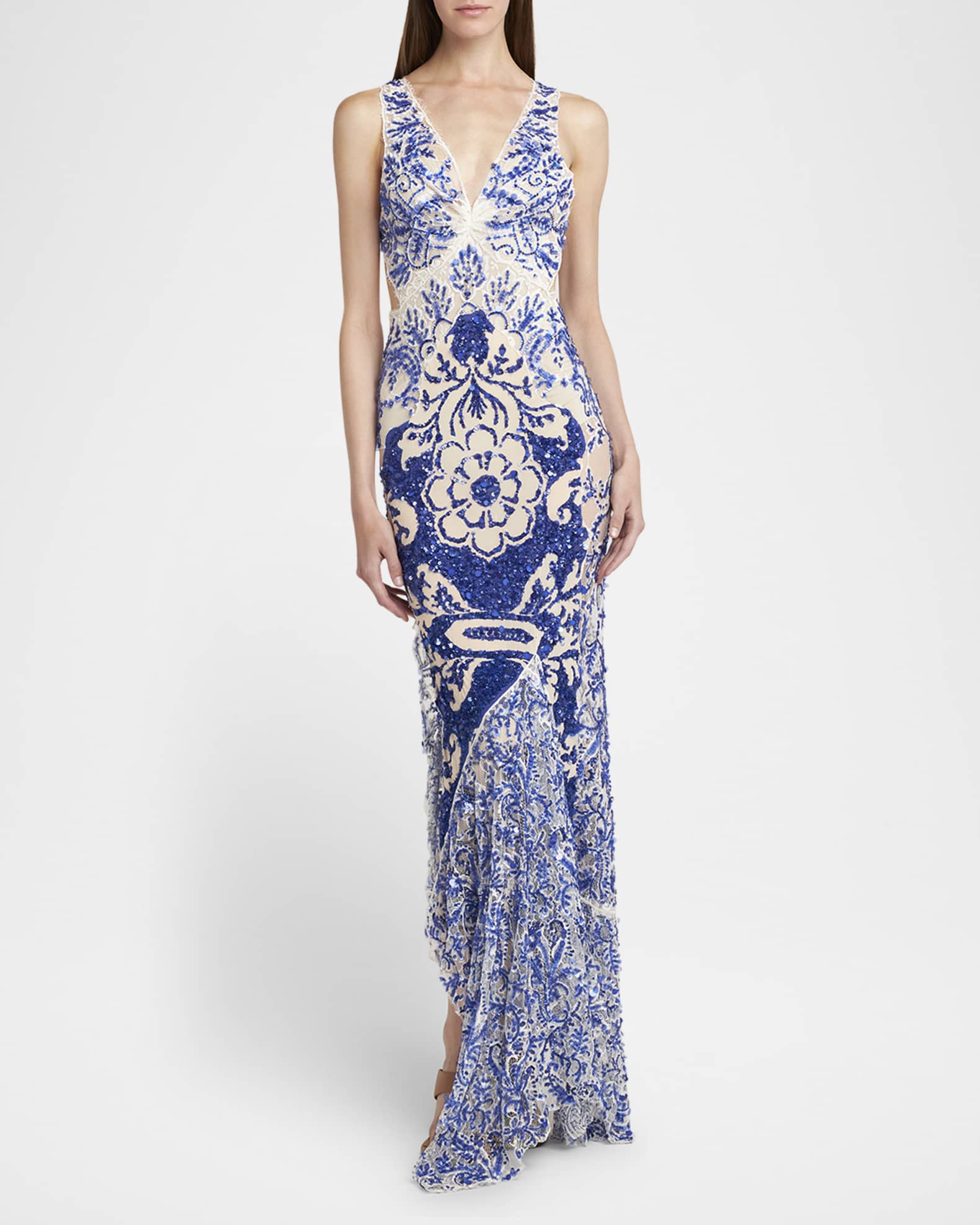 Medallion Paisley Sequined Flounce Gown 1