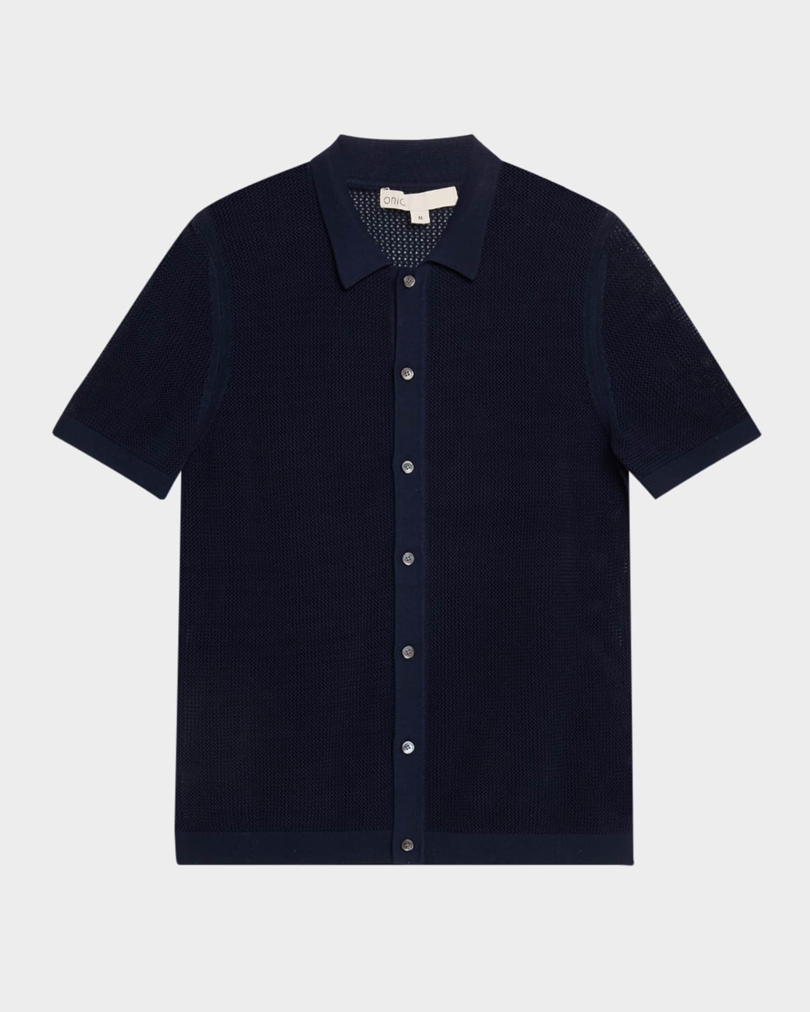 Men's Crochet Knit Casual Button-Down Shirt 0