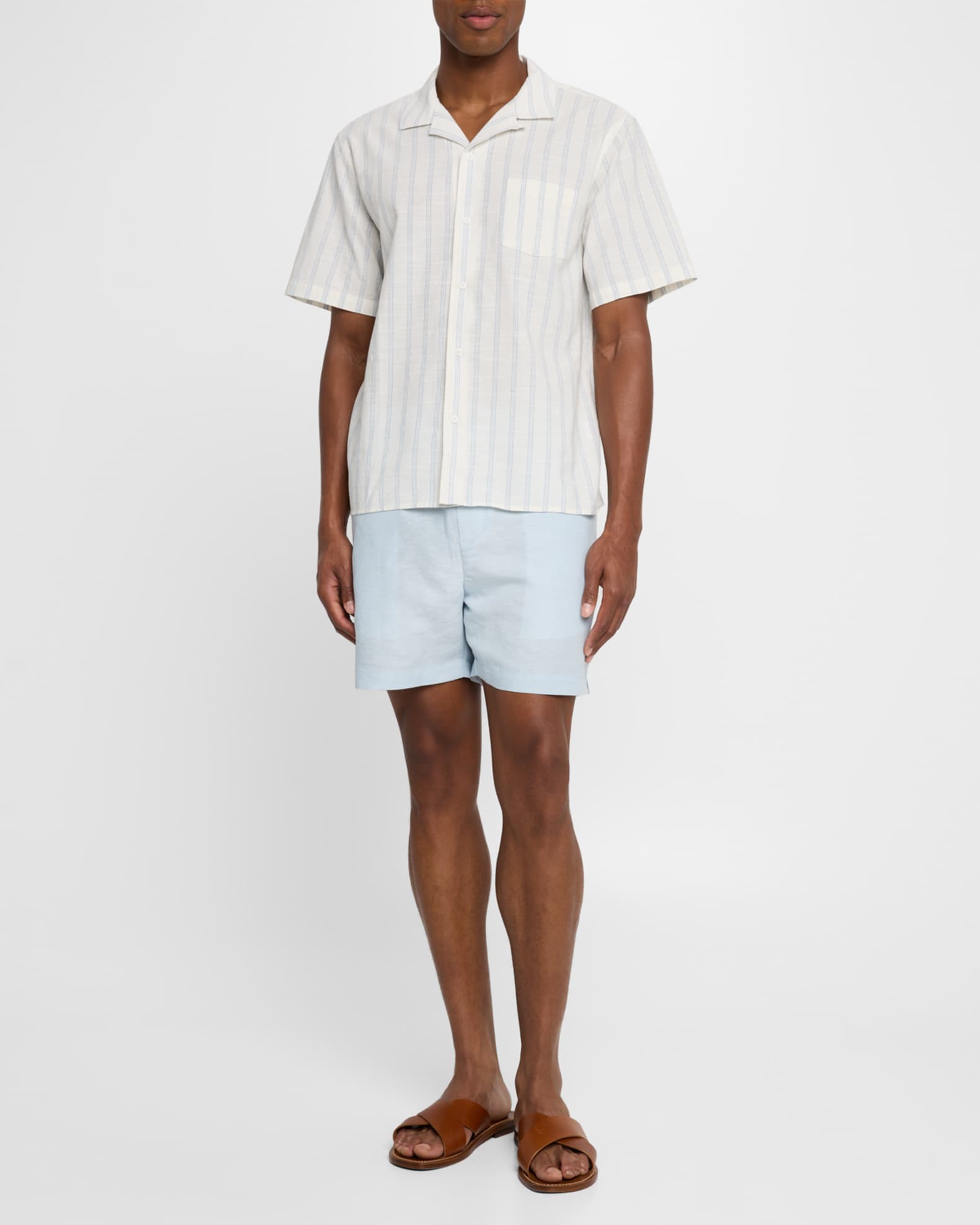 Men's Cotton and Linen Vertical Stripe Camp Shirt 1